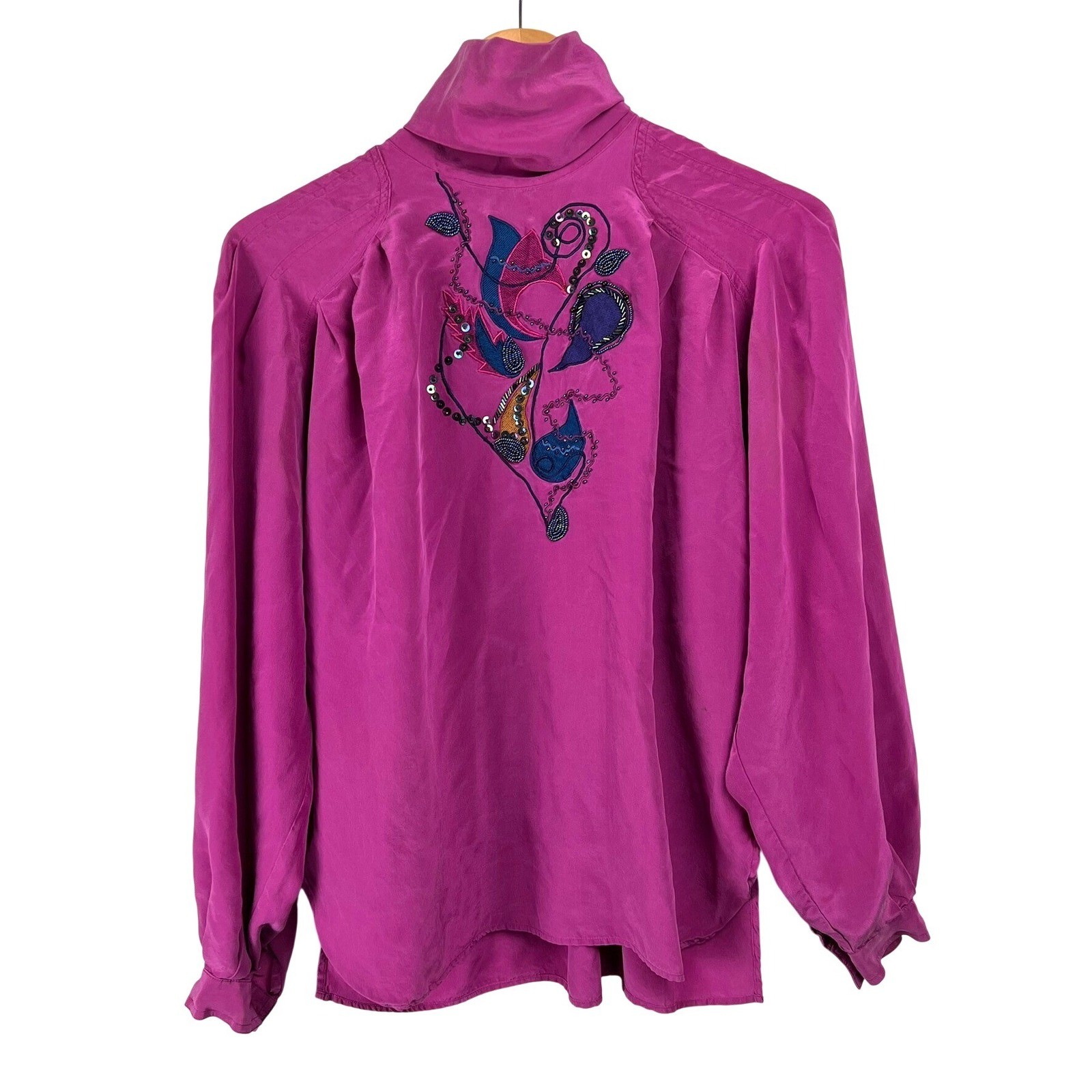 Vtg Marc dAlcy Silk Blouse Magenta Beaded High Neck Sz 6 Regency Glamoratti 80s