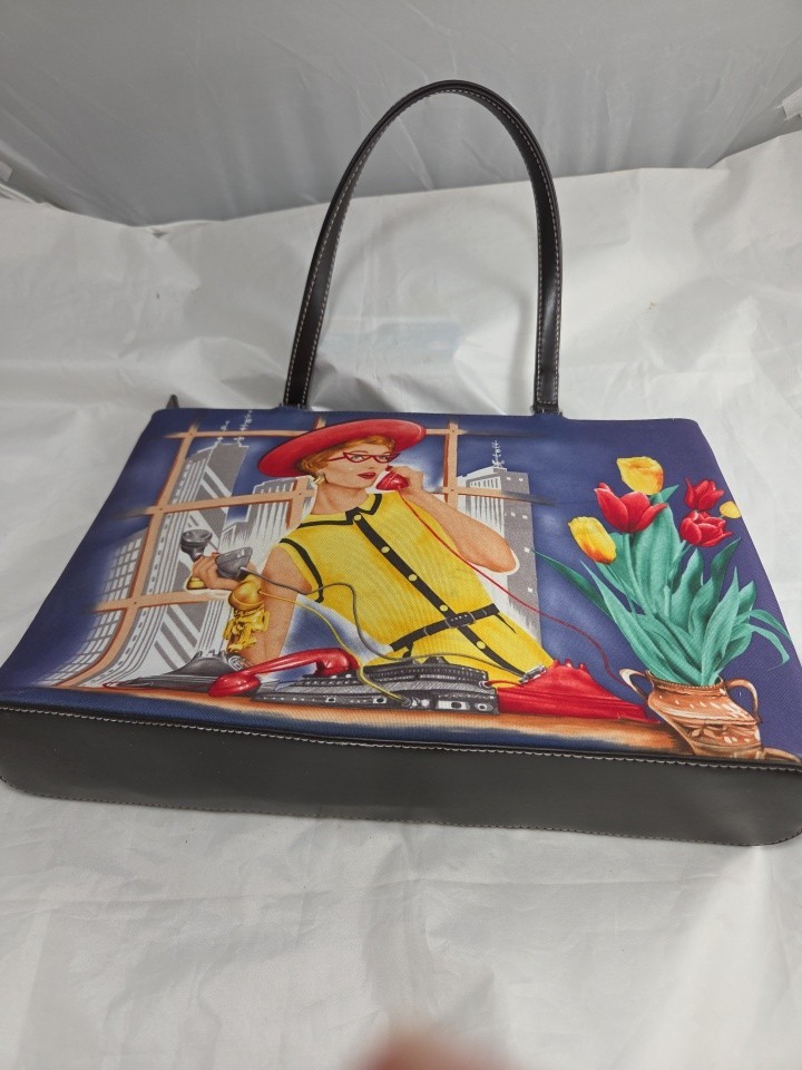 Vintage,1950s Retro Style,canvas Leather Handbag, 2 Sided, Front With Rinestone