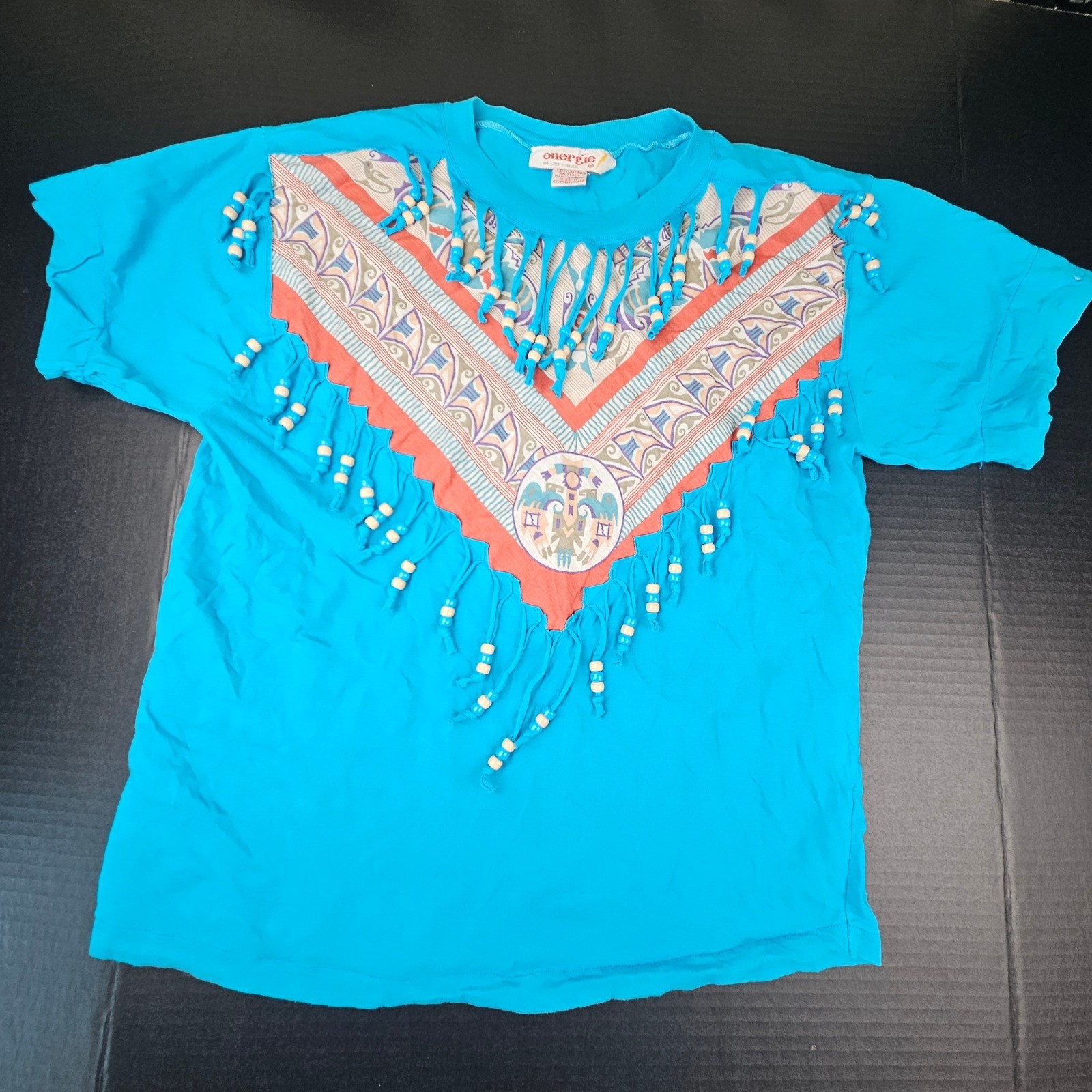 Vintage Energie Turquoise Beaded Fringe T-Shirt 80s 90s Southwestern Boho Medium
