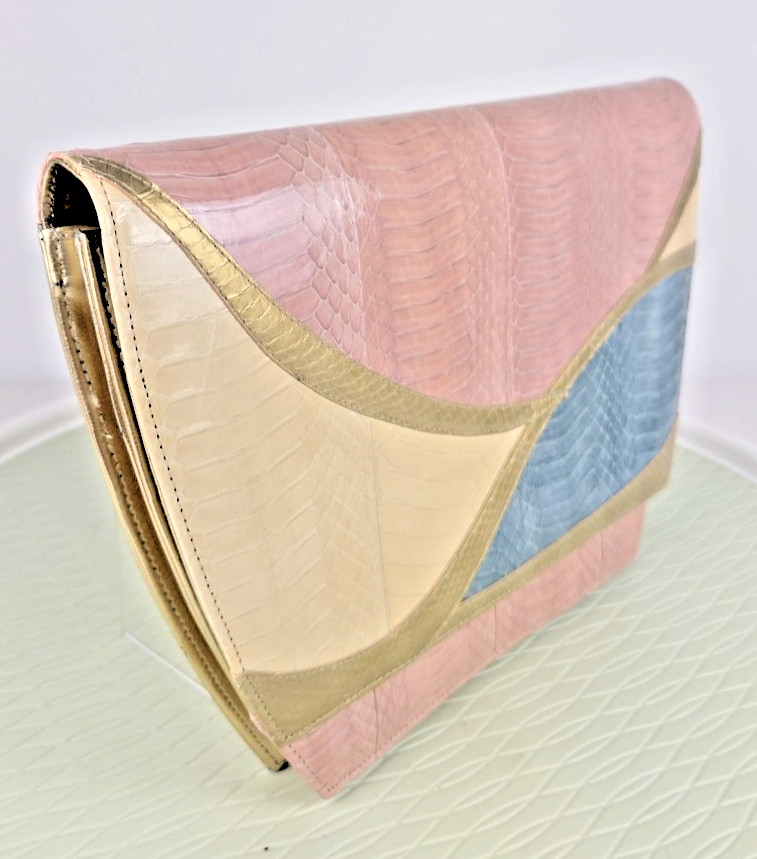 Snakeskin Clutch Art Deco Patchwork Evening Purse Gold Lined Vintage By JASMIN