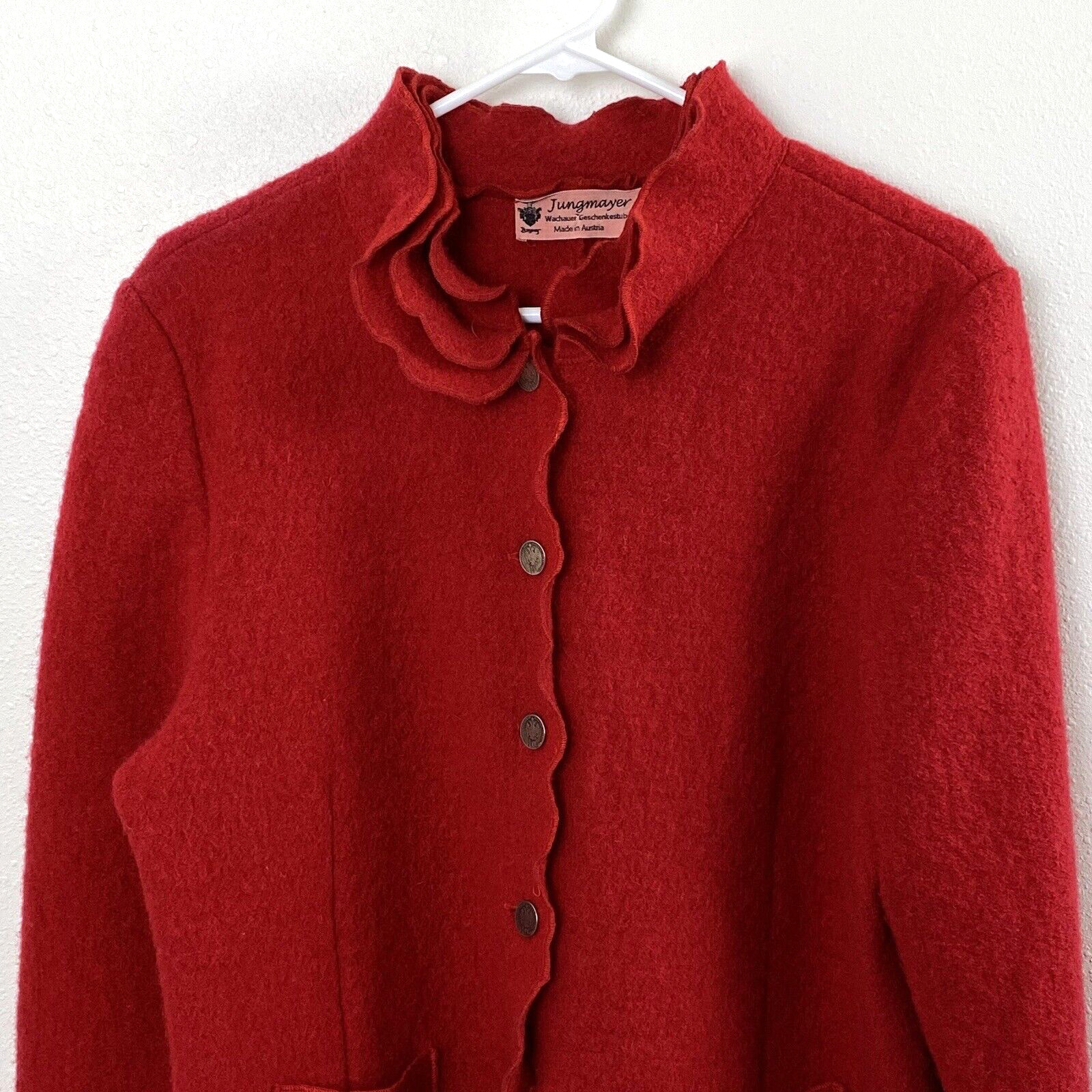 Vintage Jungmayer Womens Red 100% Wool Jacket Medium? Ruffle Collar Coin Buttons