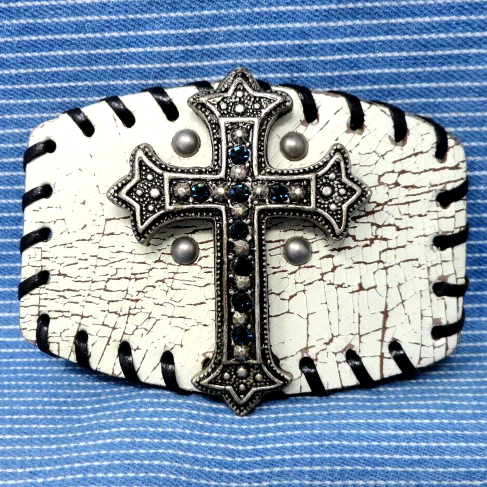 Cross Belt Buckle Christian Religious Gothic Rhinestones Vintage 90s .B324