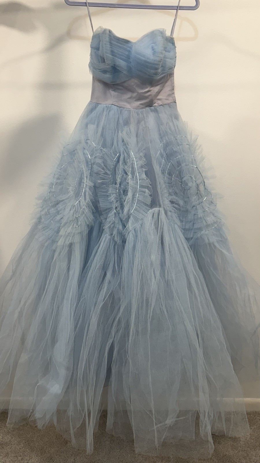 Vintage 50s Dress Gown Cupcake Formal Ruffle Tiered Tulle Prom Princess Blue