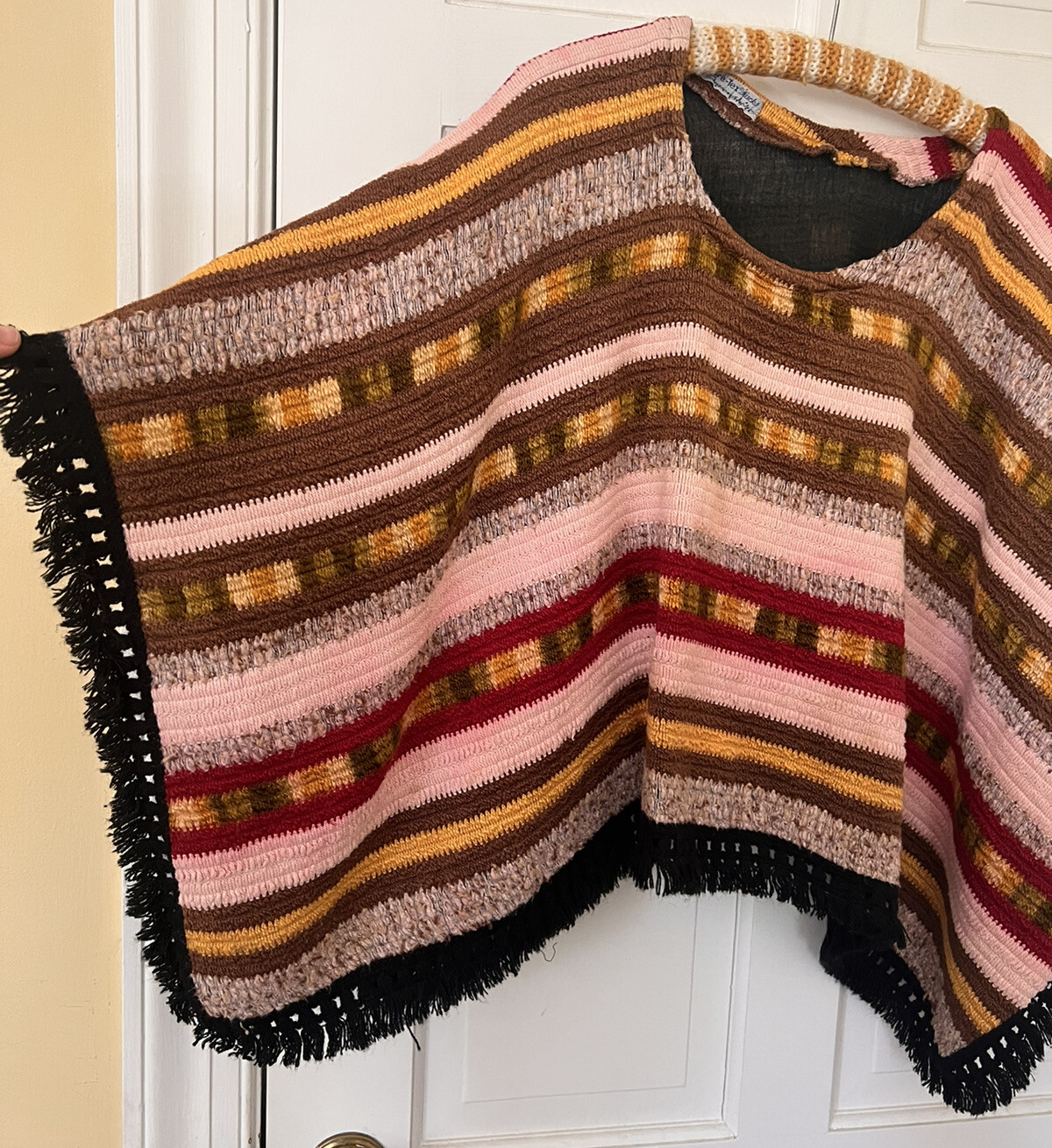 Vtg 60s 70s Unique Boho Multi Fabric Textile Fiber Art Knit Poncho Sweater S M L