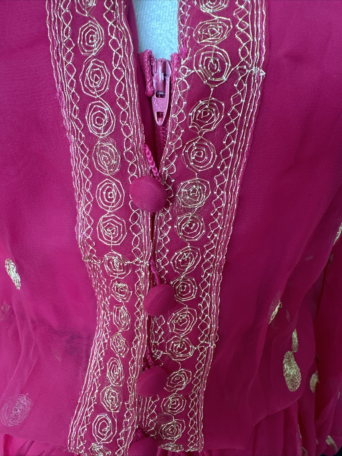 Jack Bryan NWT 70s Raspberry Pink Voile & Gold Embroidery Blouson Maxi Dress S