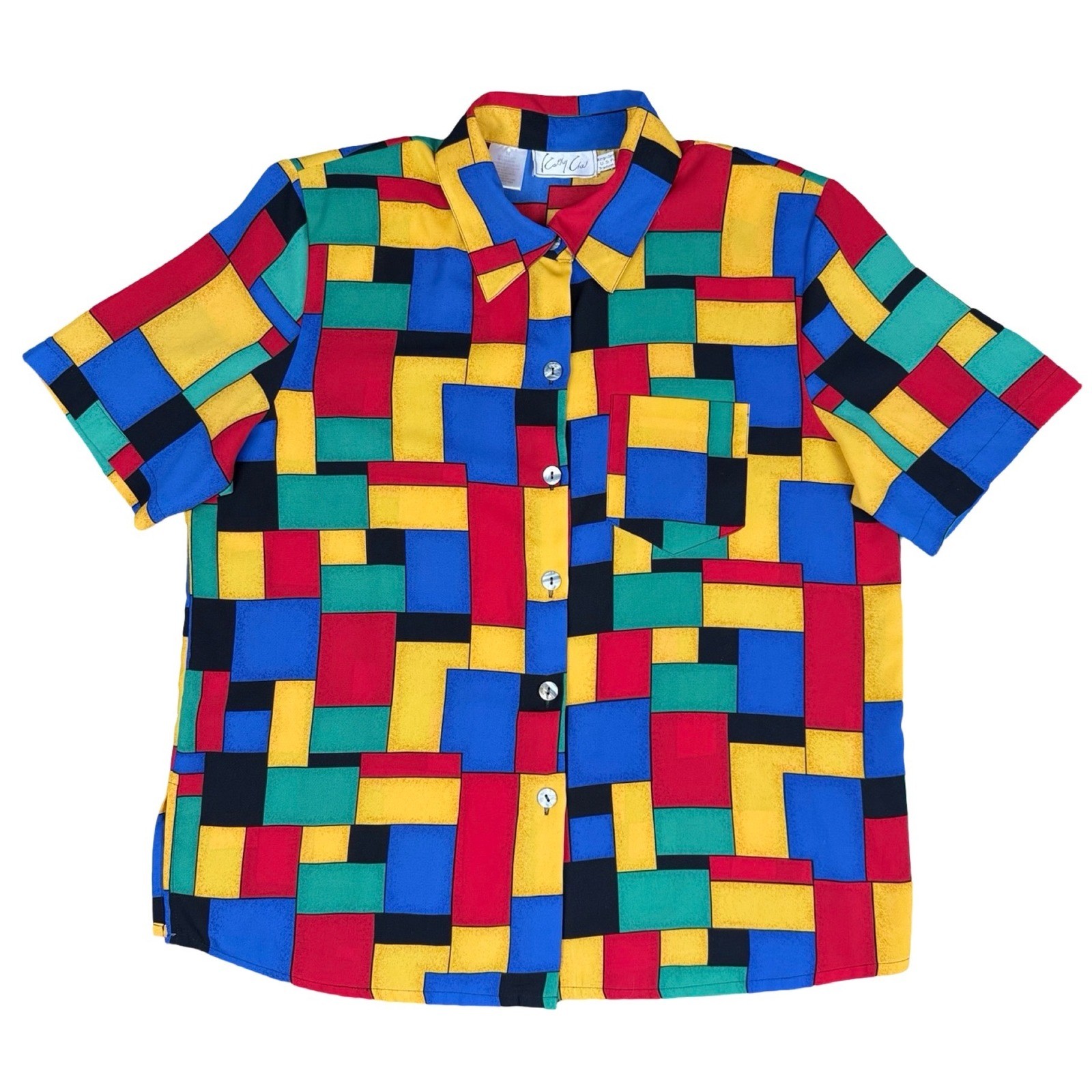 Abstract Geometric Colorblock Shirt 90s Retro Button Up Kathy Che