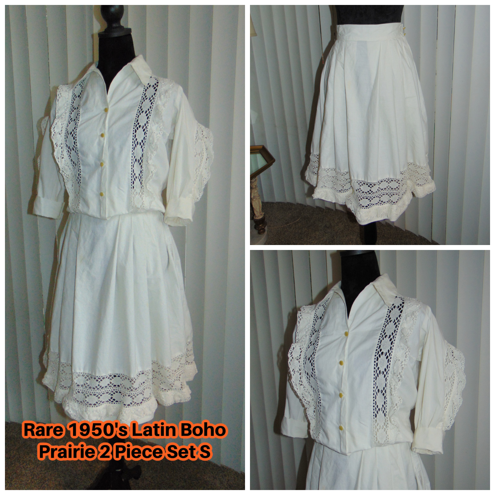 Rare 50’s Mexican Outfit Skirt and Top 2 Piece Crochet Insets Skirt Boho Prairie