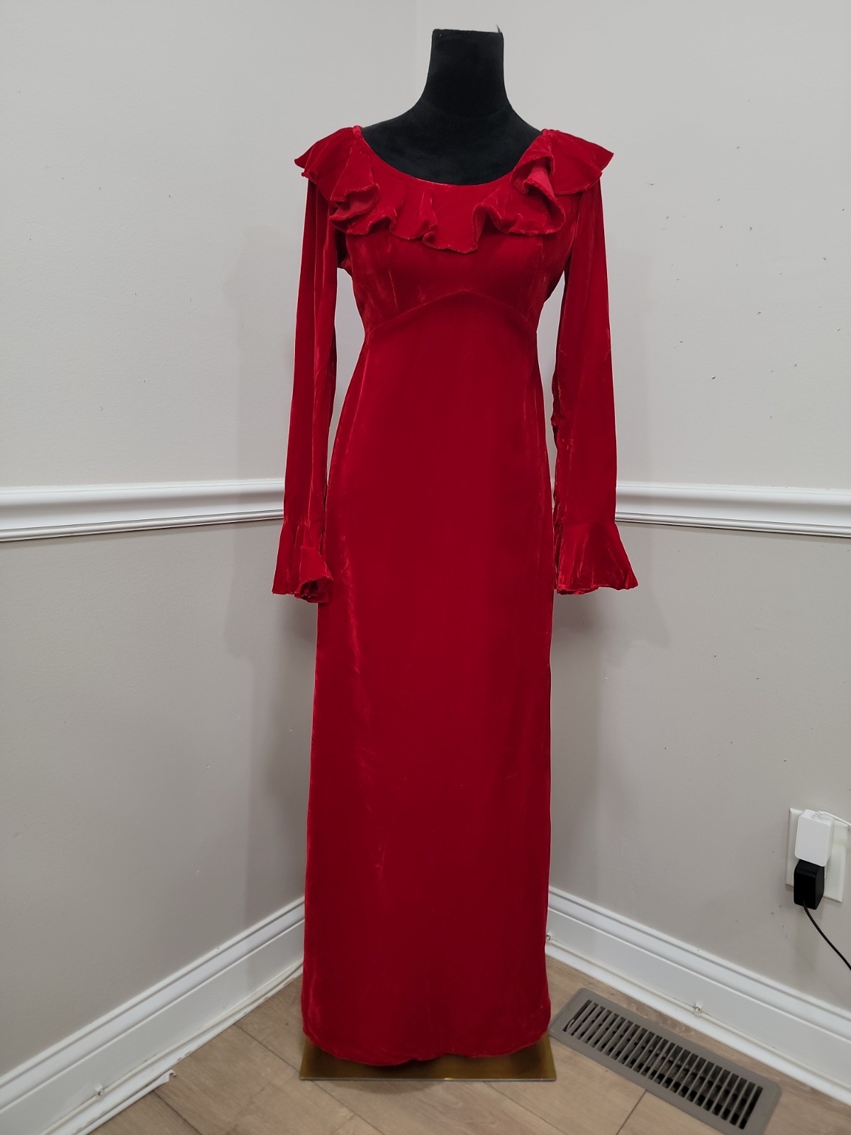 Vintage 60s Red Velvet Maxi Dress Empire Waist Ruffle Holiday Formal Gown S/