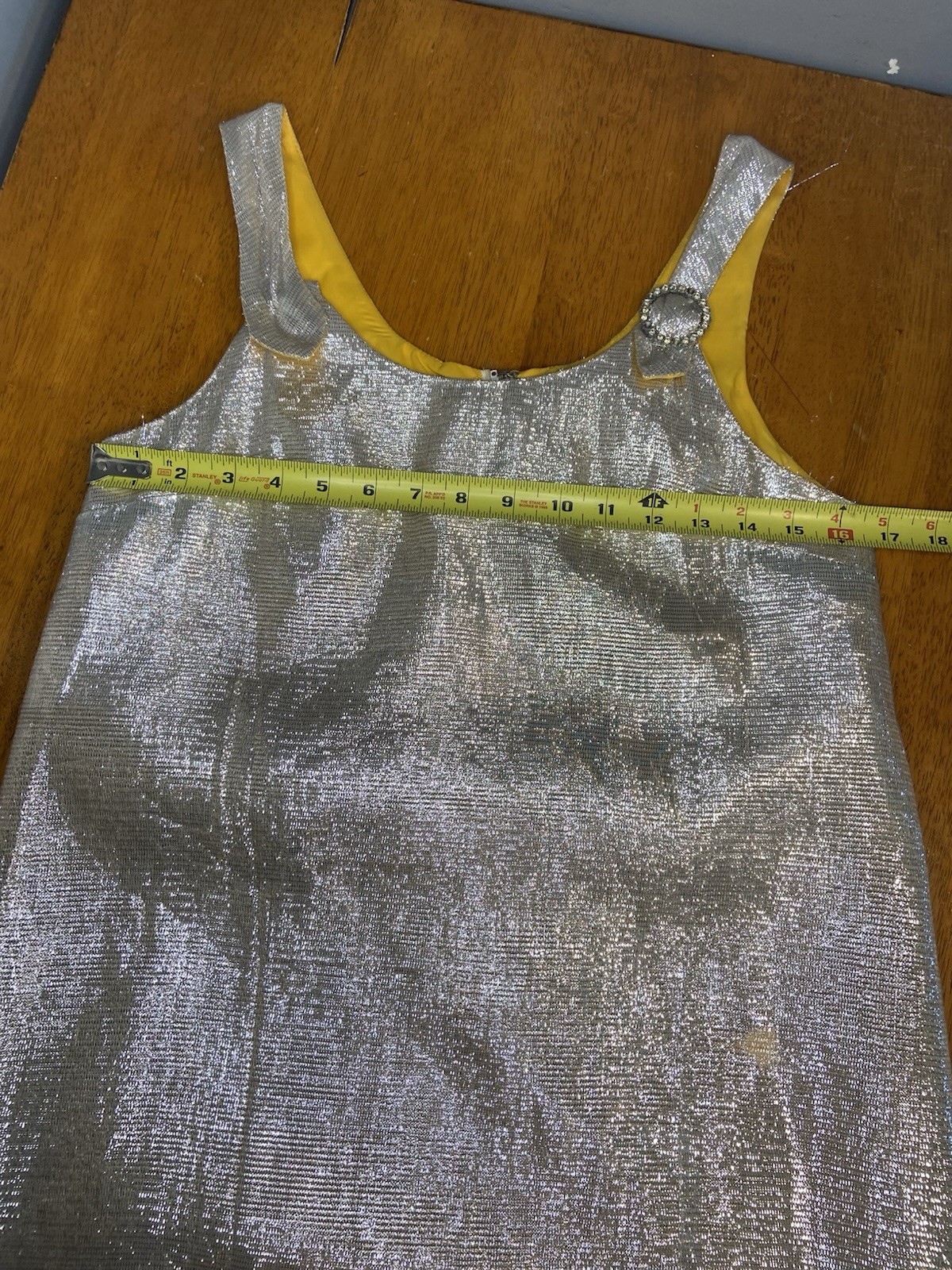 Vintage 60s Space Age Tinsel Foil Mini Dress Marigold Yellow Lining Mod GoGo S