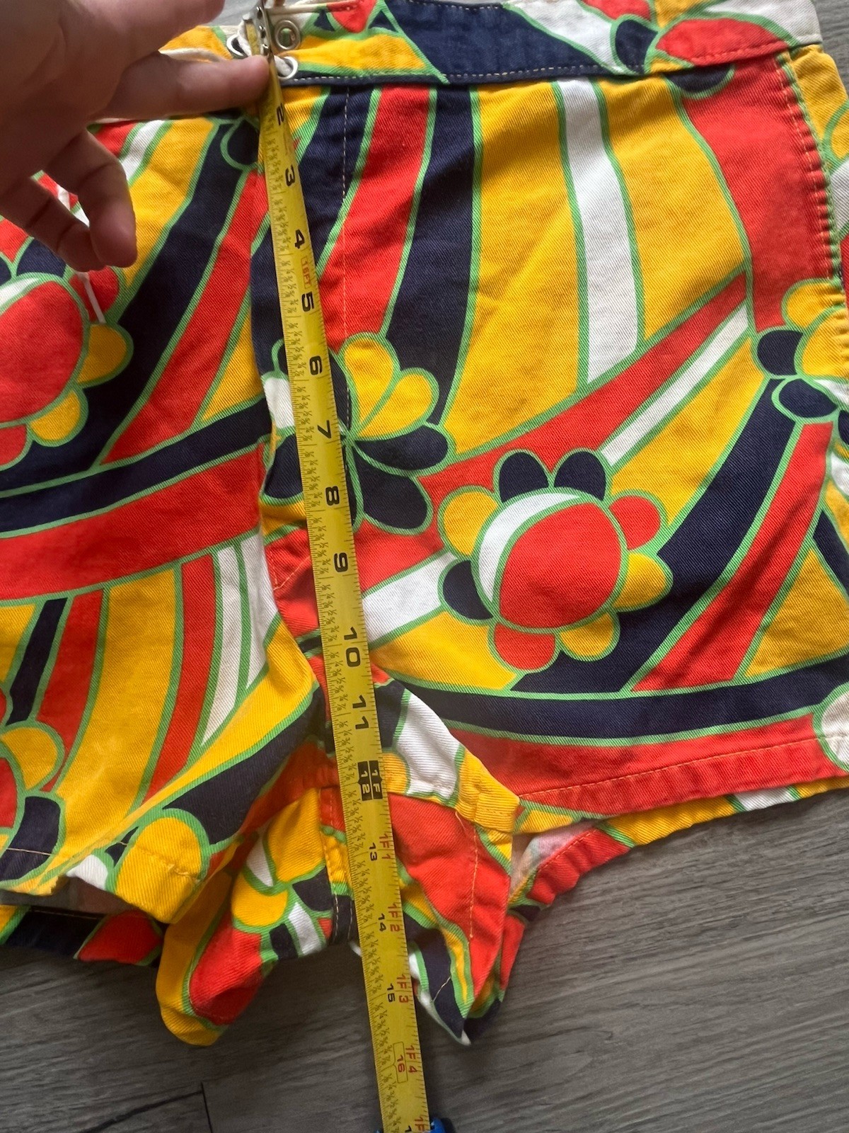 Vintage 60s Cal Surf Board Shorts Lace Up Mod Floral 31” Orange Yellow Navy