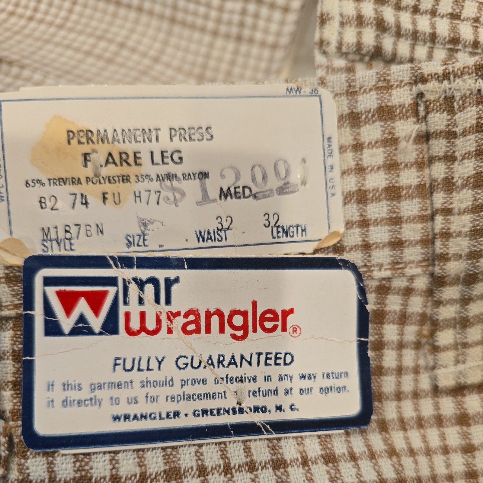Vintage “Mr.” Wrangler Flare Pants Size 32×32 Brown and White Deadstock NWT