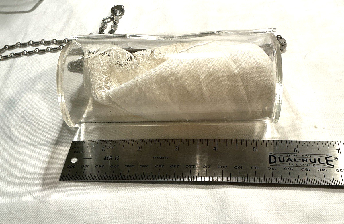 Vintage Clear Plastic Shoulder Evening Bag Silver Chain 21″ Drop Excellent