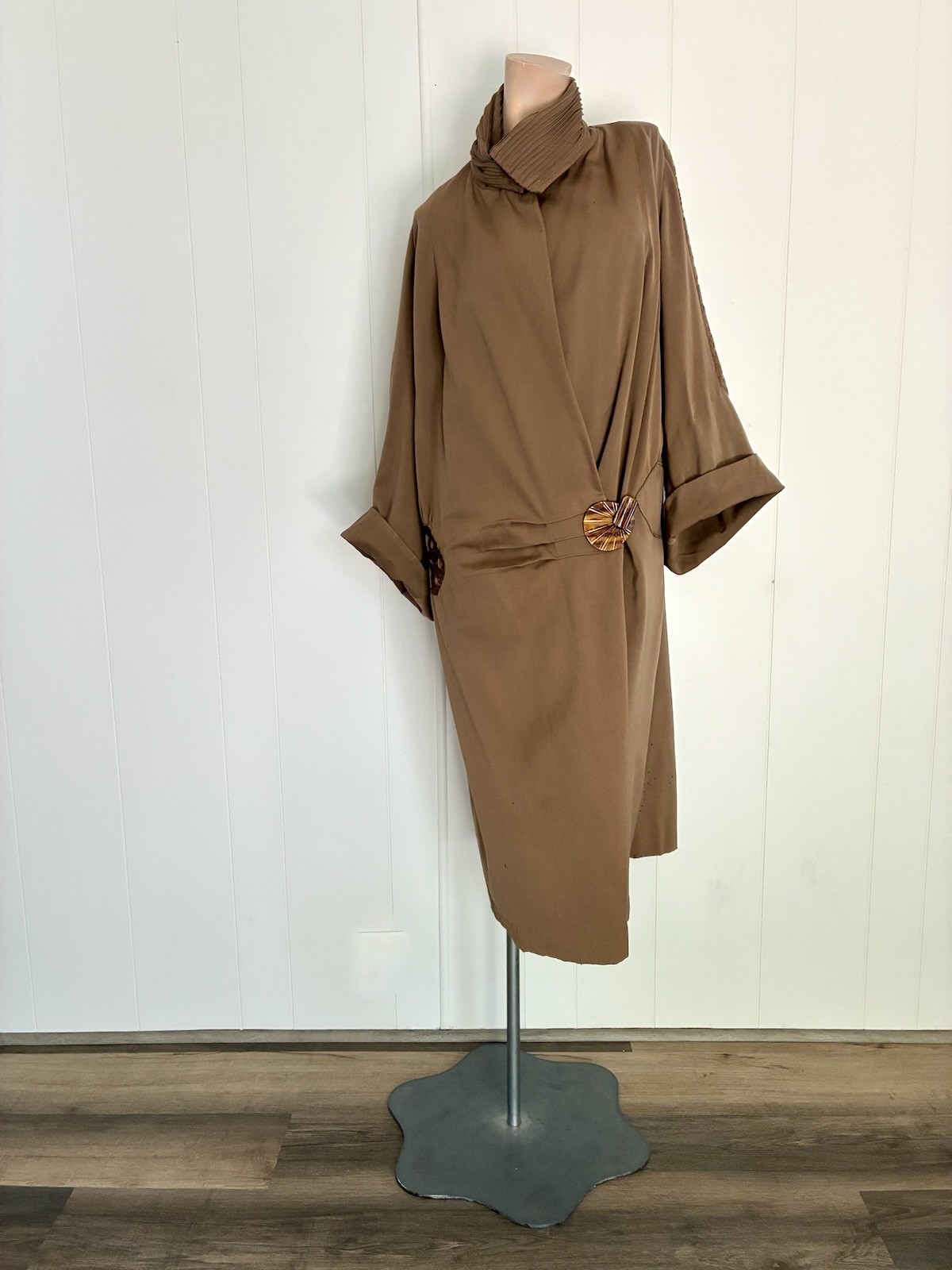 1920s Art Deco Brown Wool Gabardine Cocoon Coat Sz S-M-L