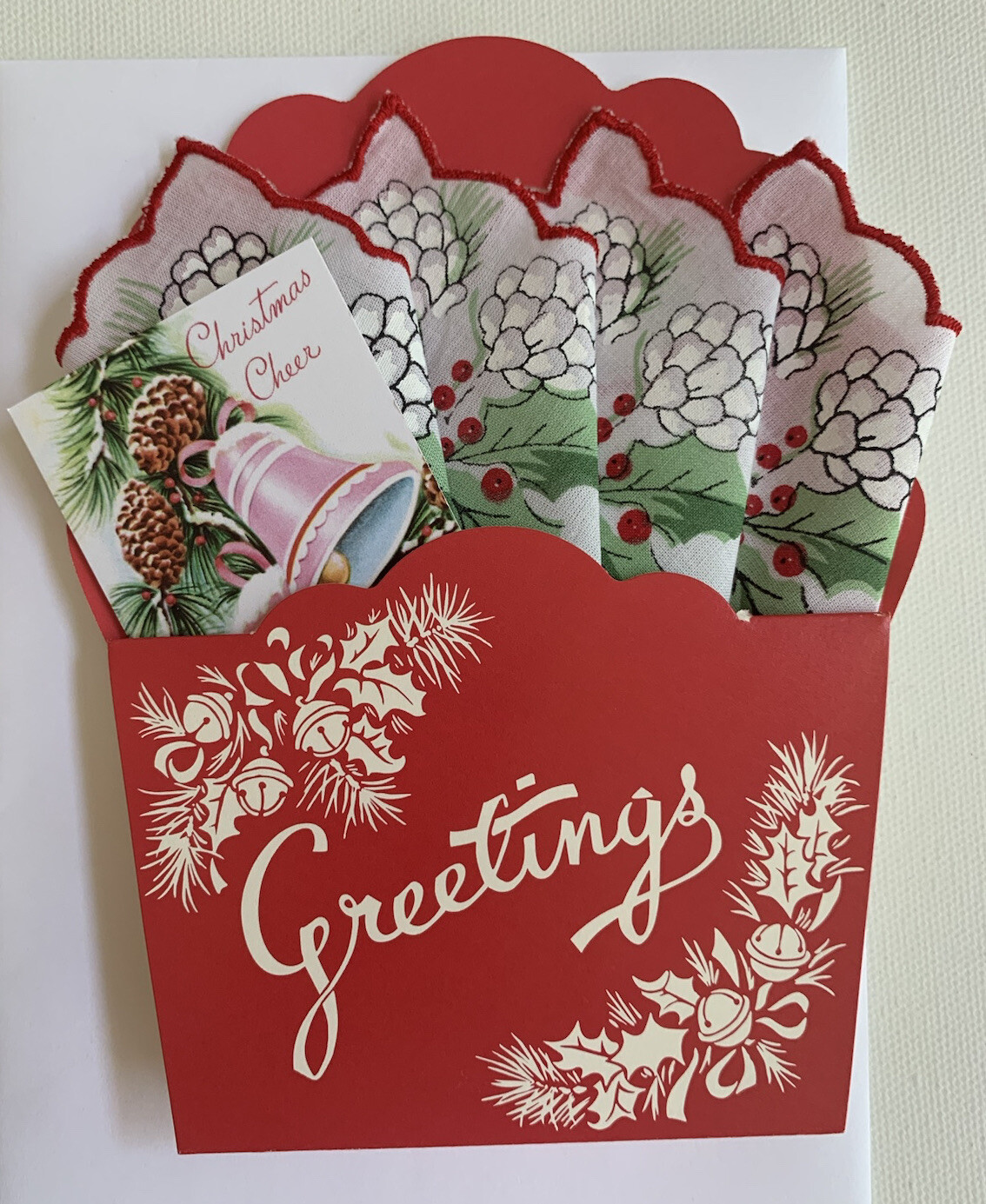 Lovely New LuRay Christmas Hankie Basket Card ~ Mailable Handkerchief Keepsake!