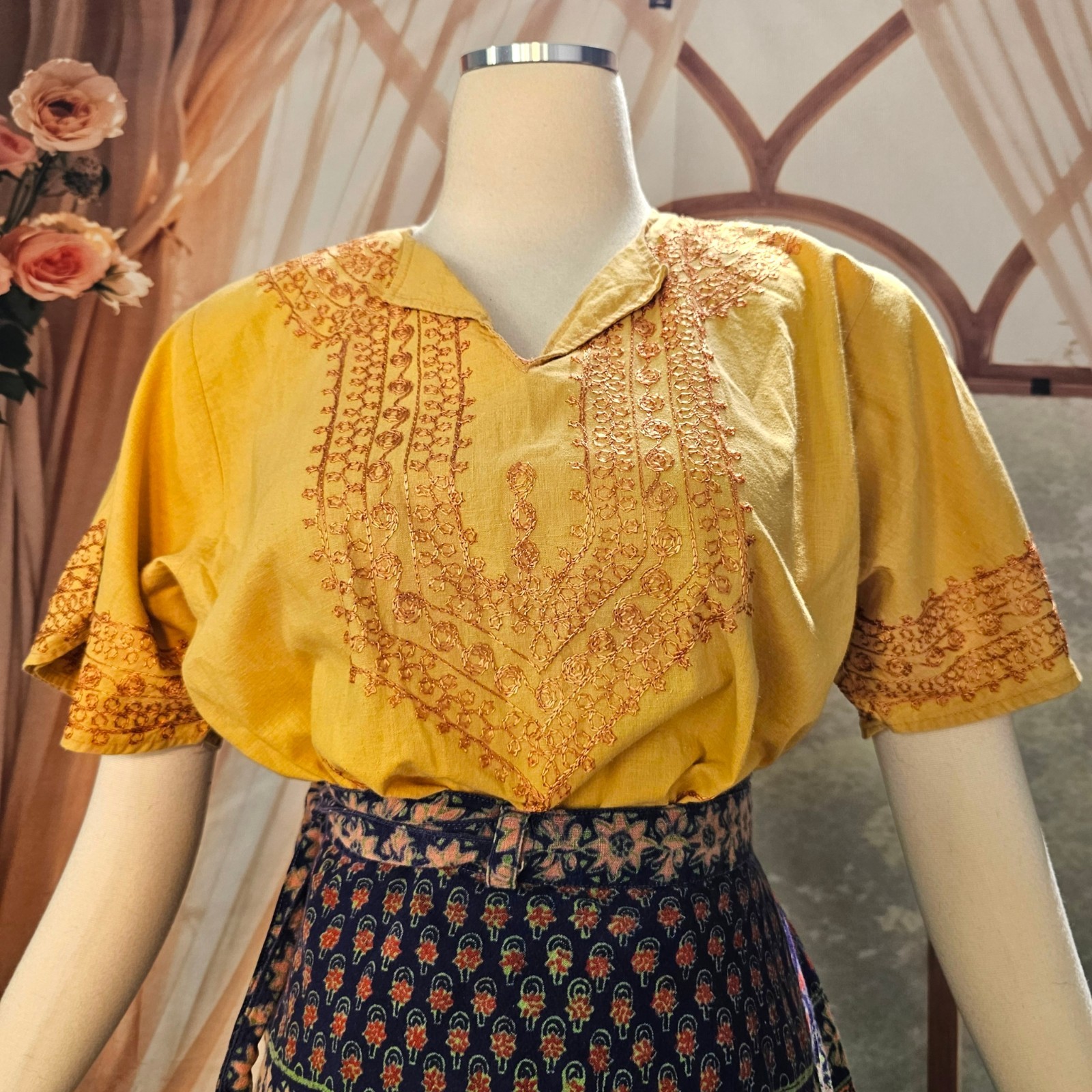 Vintage 1970s Blouse Top Shirt Mustard Yellow Embroidered India Short Sleeve