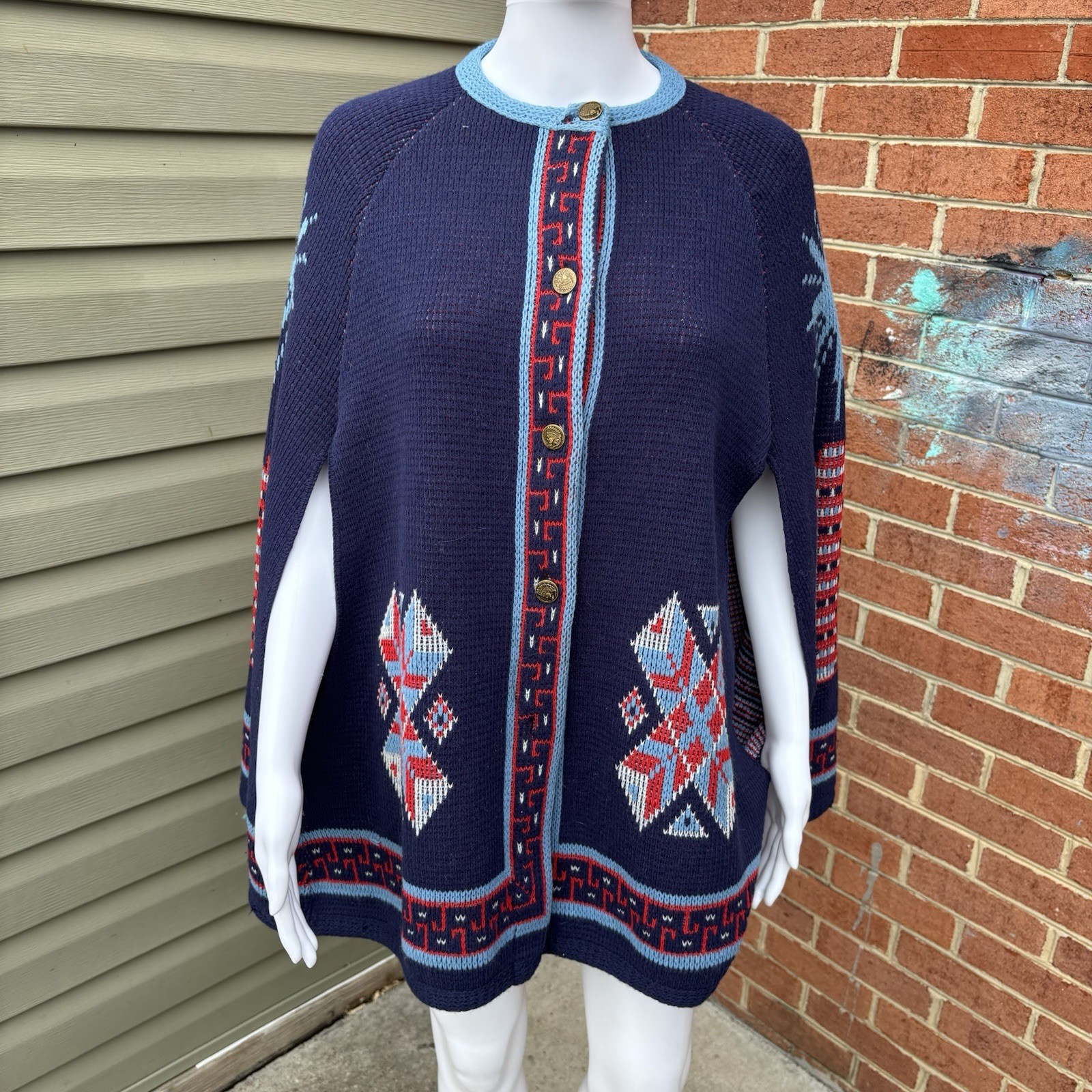 VTG STURBRIDGE 70S BOHO SWEATER CAPE SOUTHWESTERN WEAVER HIPPIE ONE SIZE