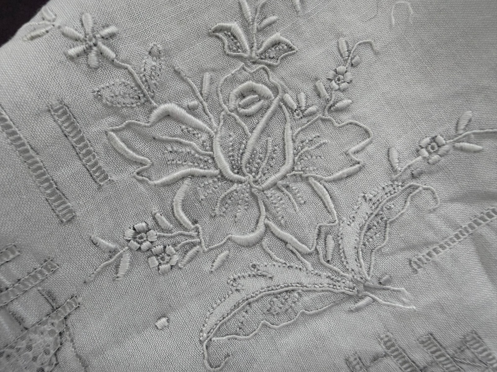 VINTAGE HANKY WHITE EMBROIDERED FLORALS APPENZELL PUNCH WORK WHITE ON WHITE