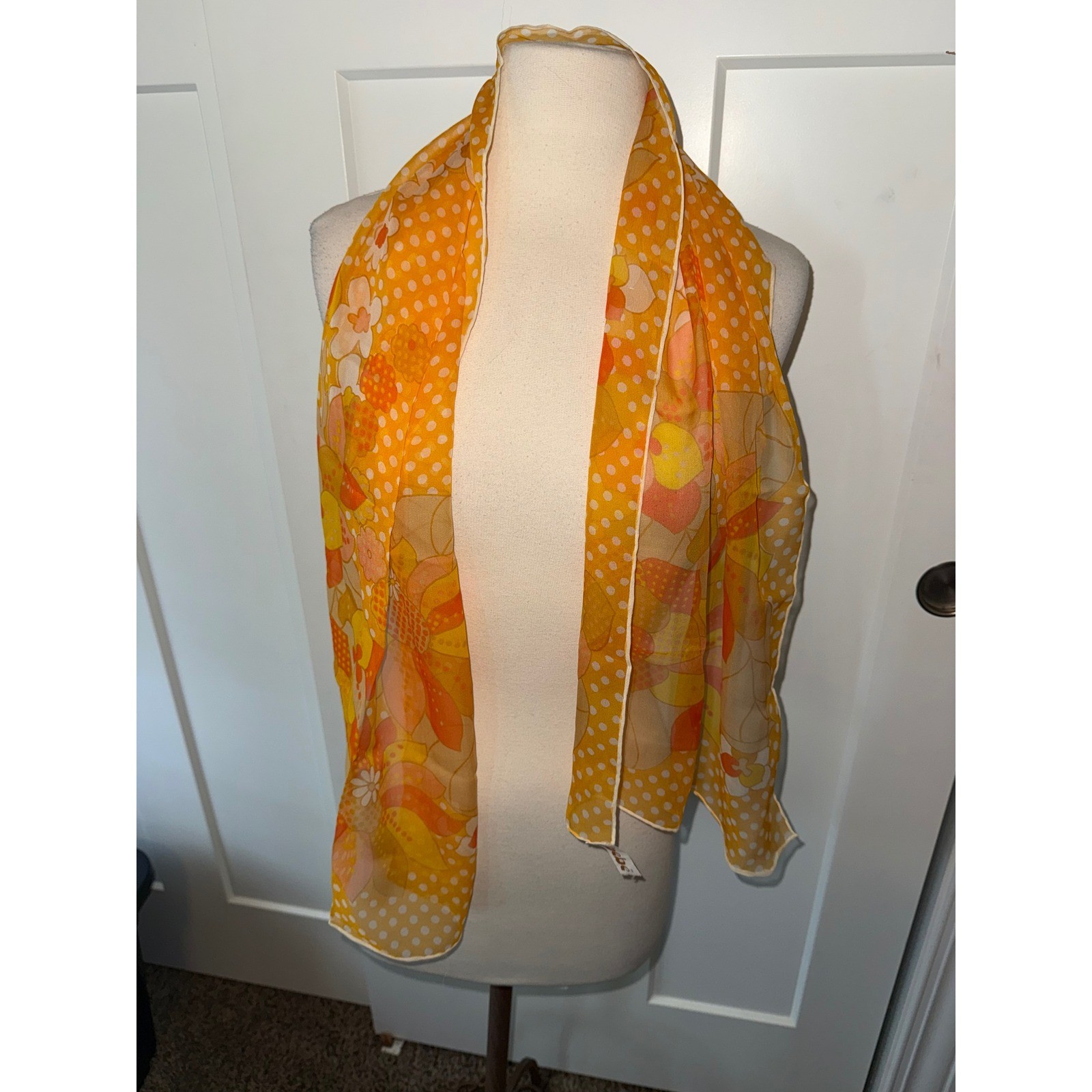 Vintage Bebe Silk Scarf Orange Yellow Floral Polka Dot Hand Rolled Made in Japan