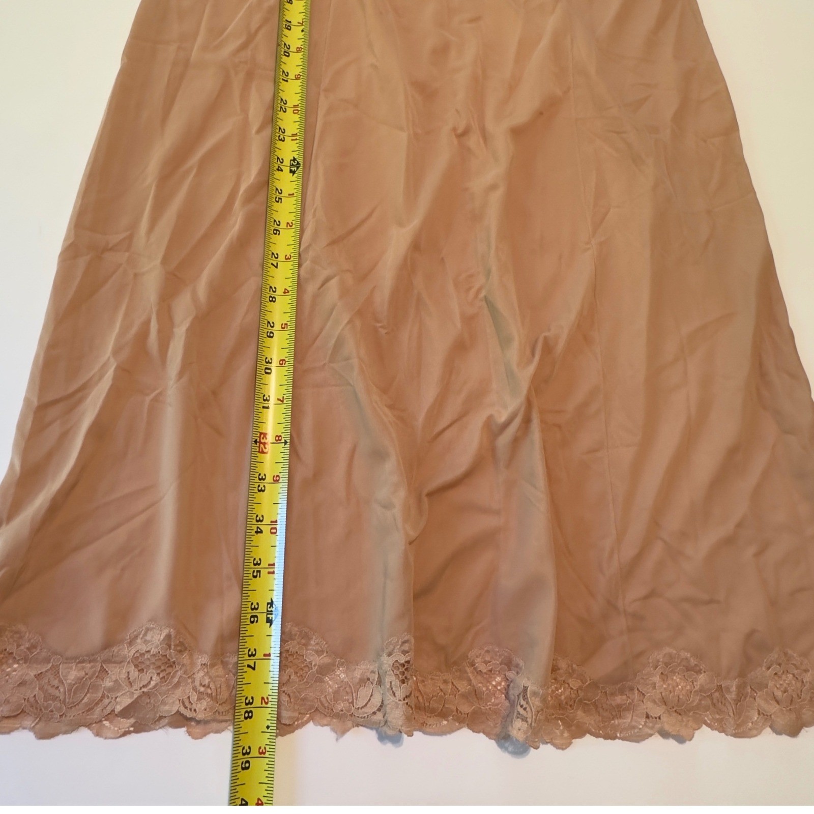 Vintage Italian Lace Trim Full Slip Dress Tan Nude Floral Applique Sz 6 Lingerie