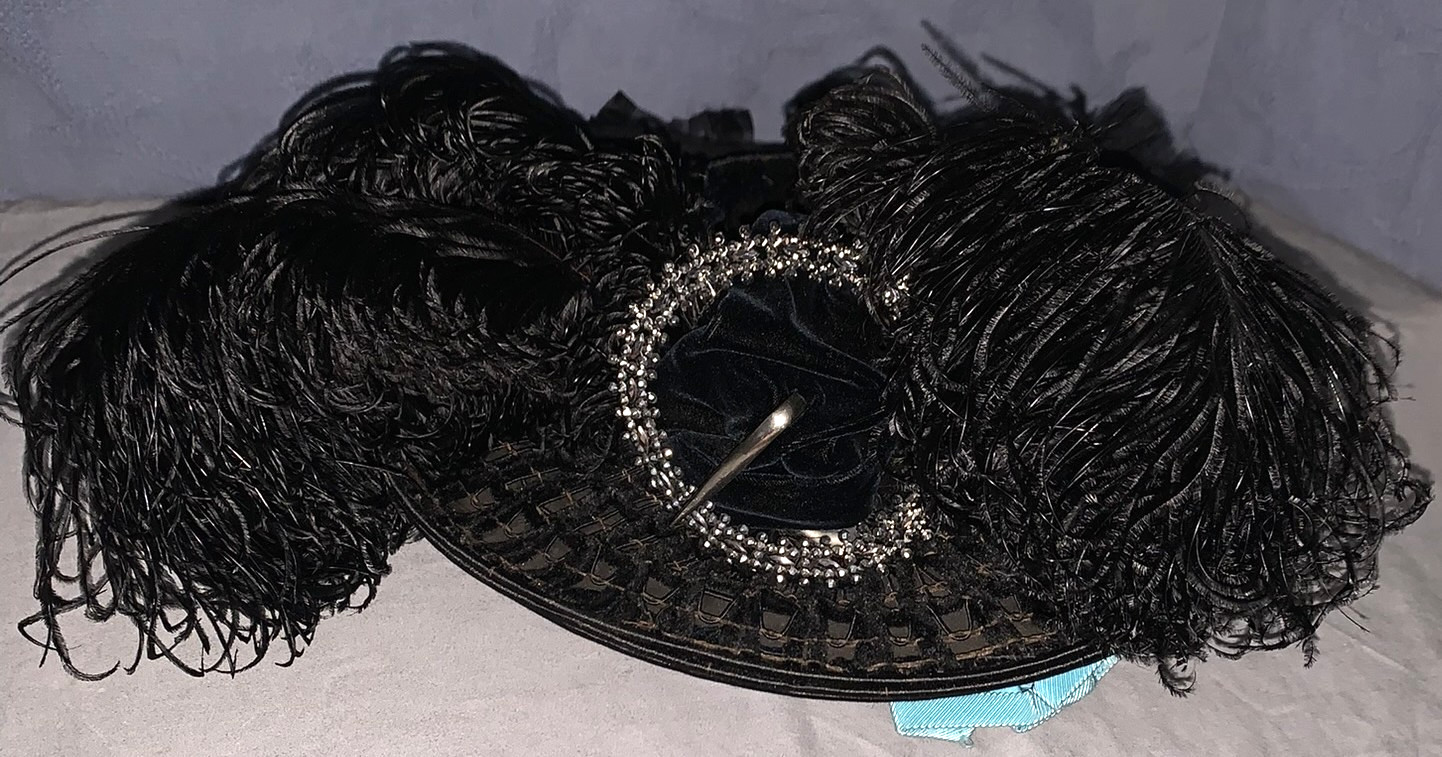 Wonderful Antique Black Feather Hat 3 1/2″ Faceted Steel Accent
