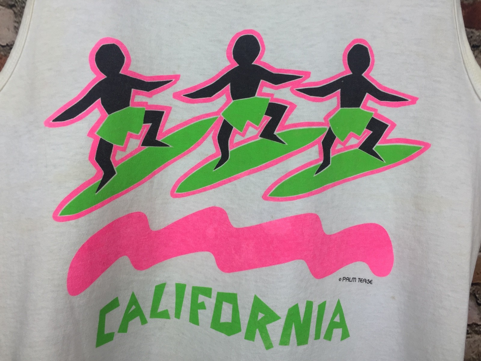 Vintage 80s 90s California Neon Muscle Tank Surf Skate Tourist Beach Waves Ocean