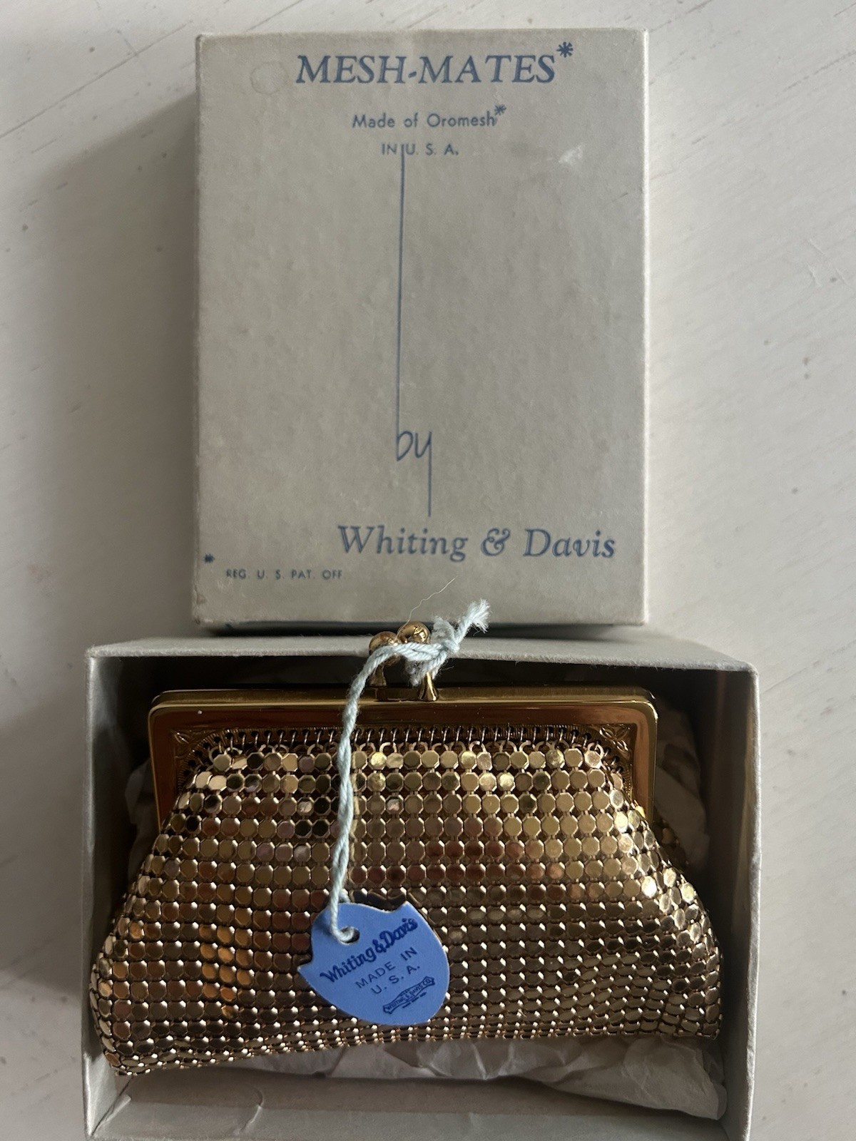 Vintage Whiting Davis Gold Tone Mesh Coin Change Purse In Original Box