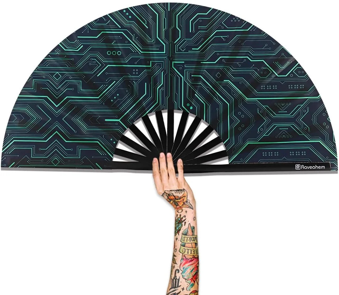 Large Folding Fan, 13 Inch Clack Rave Fan Hand Held Fan for Women Men with Premi