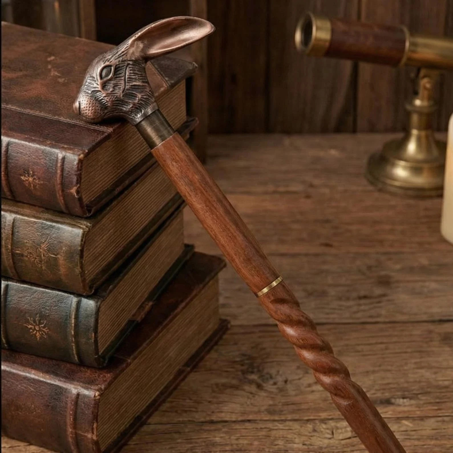 Copper Antique Finish Rabbit Head Handle Hand Carved Spiral Walking Stick Cane