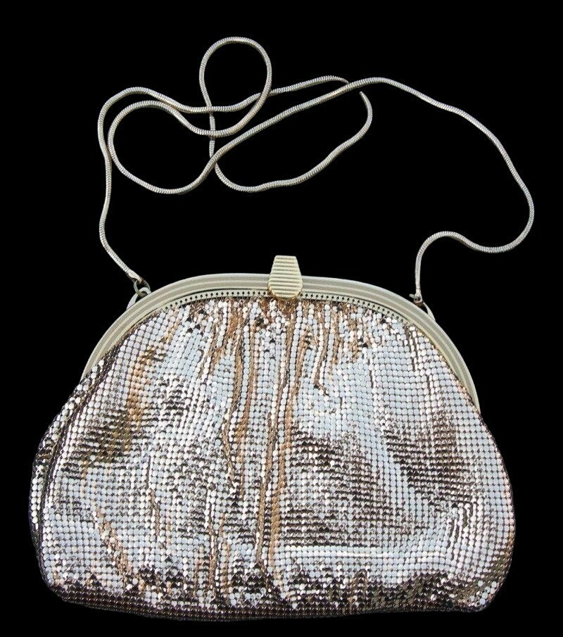Vintage 70s Gold Glomesh Evening Bag, 9″ Large Complete Set Mirror ID NWT Qualit