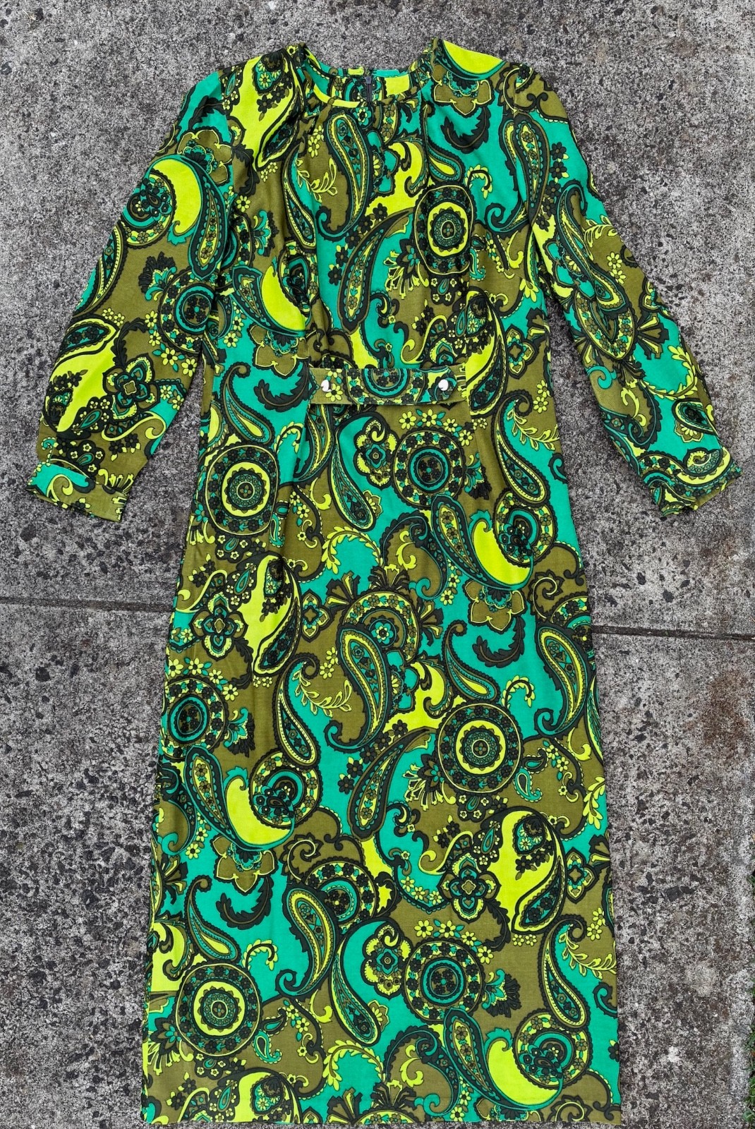 Vintage 60s Unworn size L Maxi Long dress green Paisley Fit & Flare