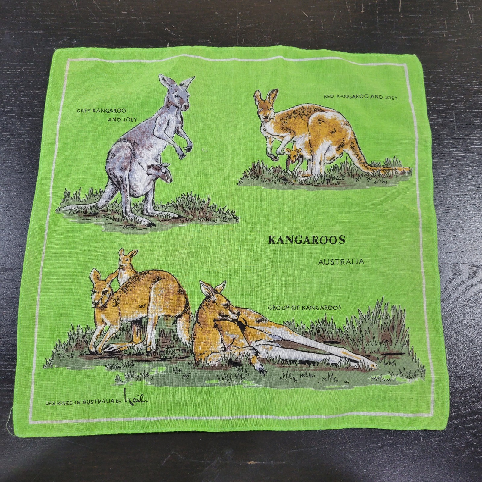 Heil Handkerchief Kangaroos Green Designed in Australia by Heil 12″ Vintage