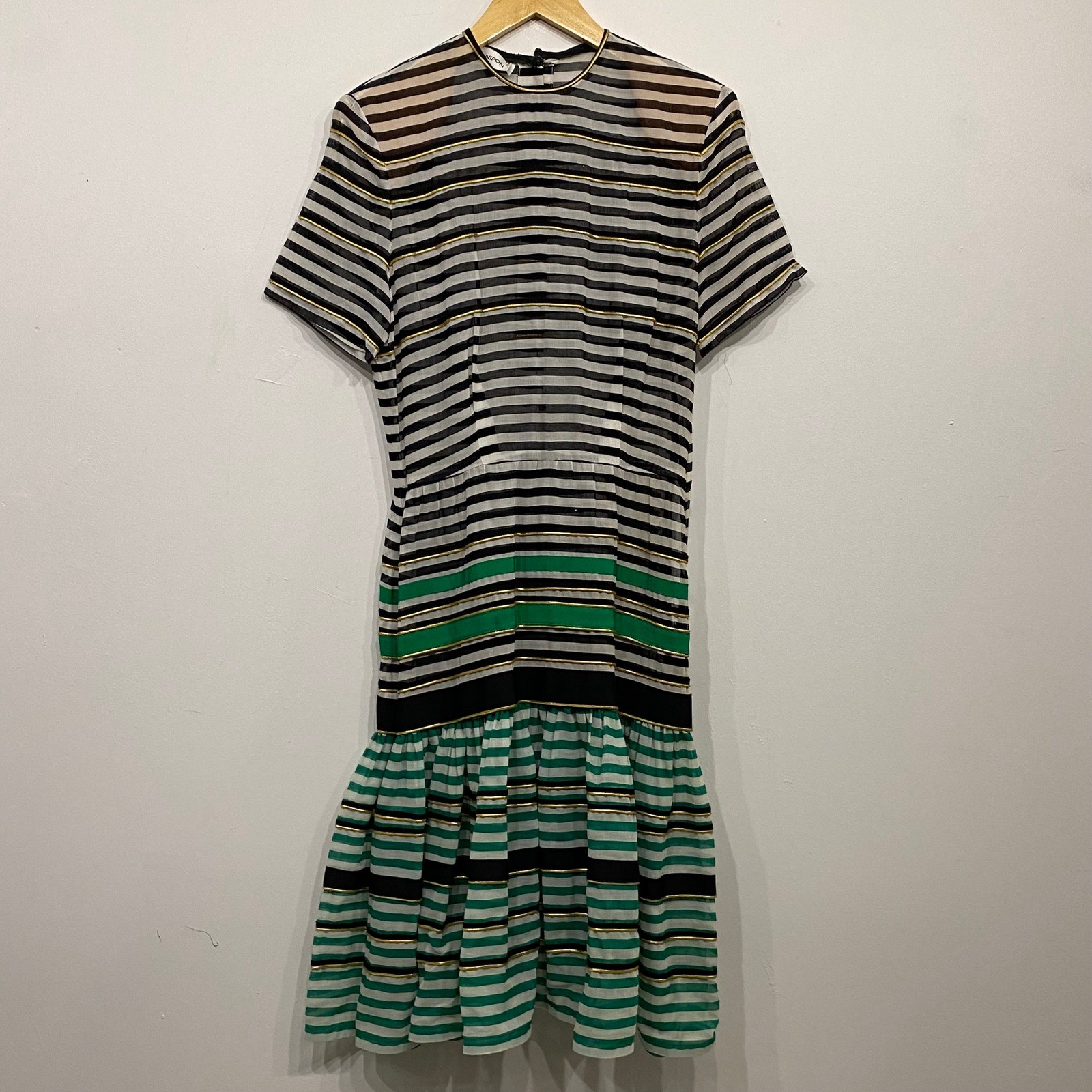 Albert Nipon Vintage Striped Sheer Midi Dress Gold Trim Padded Shoulder 8