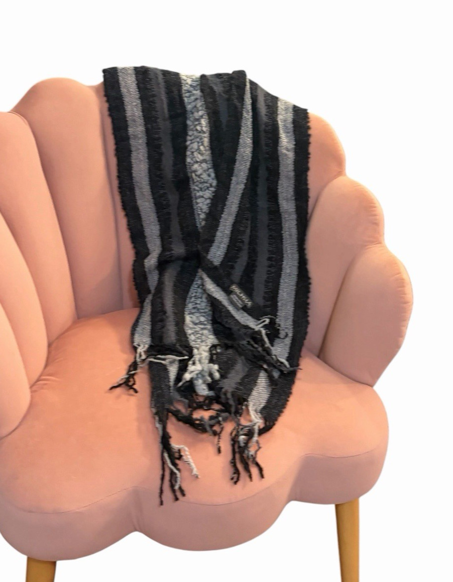 100% Baby Alpaca MILHUAScarf Black Gray Striped Peru Woven Fringe 72×12