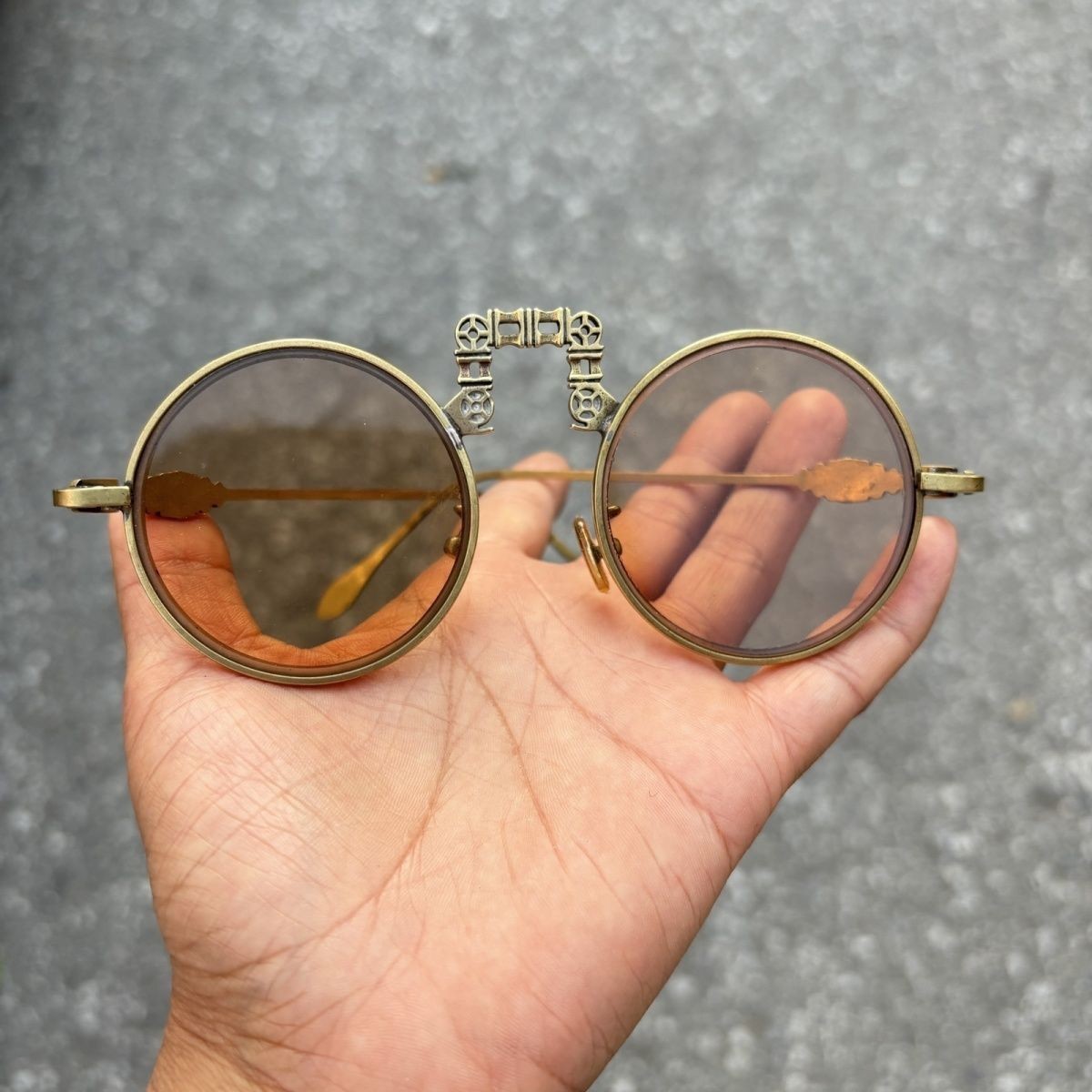 Vintage China Old Shanghai Copper Frame Round Eyeglasses Crystal Brown Sunglasse