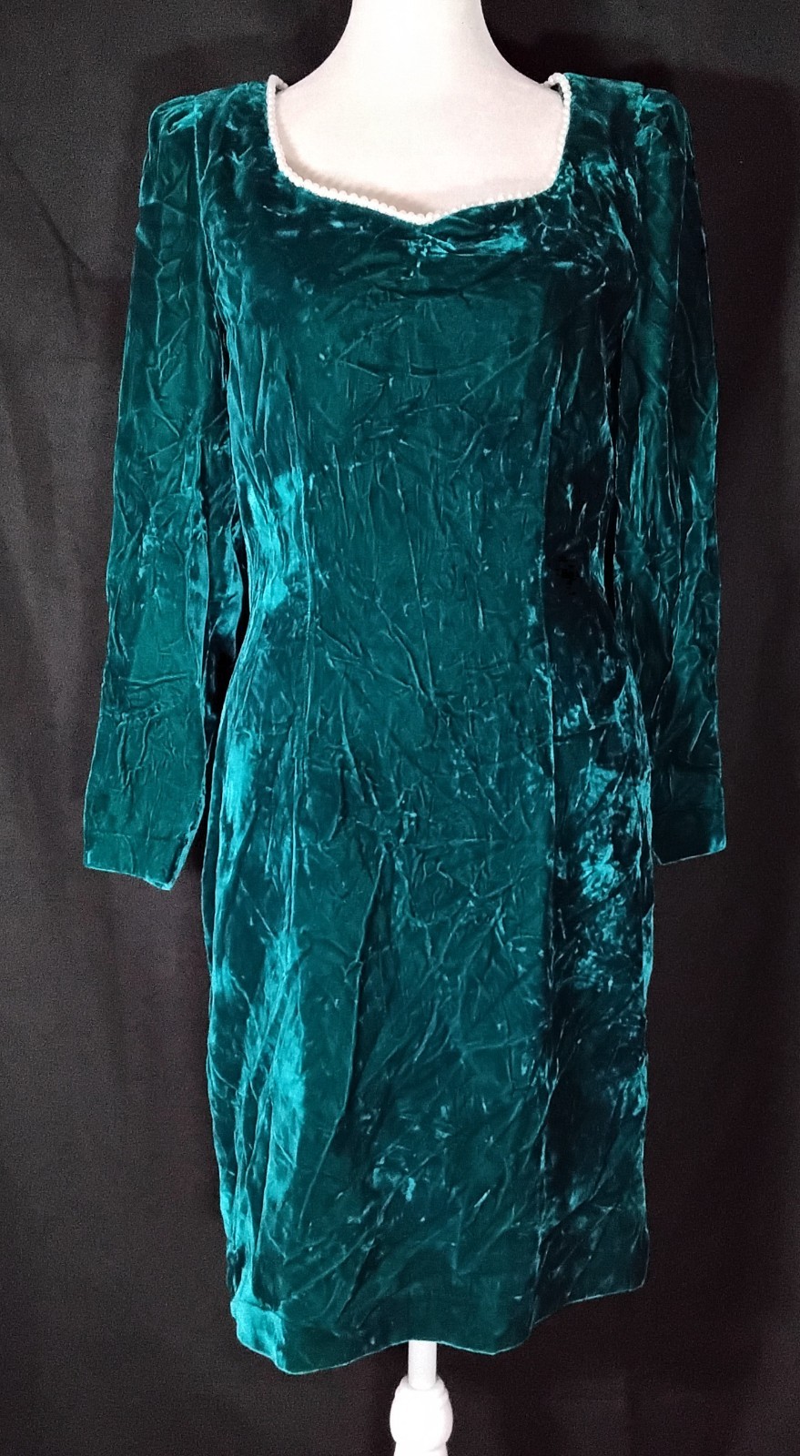 Vtg 80s Lisa Michaels Shift Midi Velvet Green Cocktail Dress Long Sleeves Sz 10