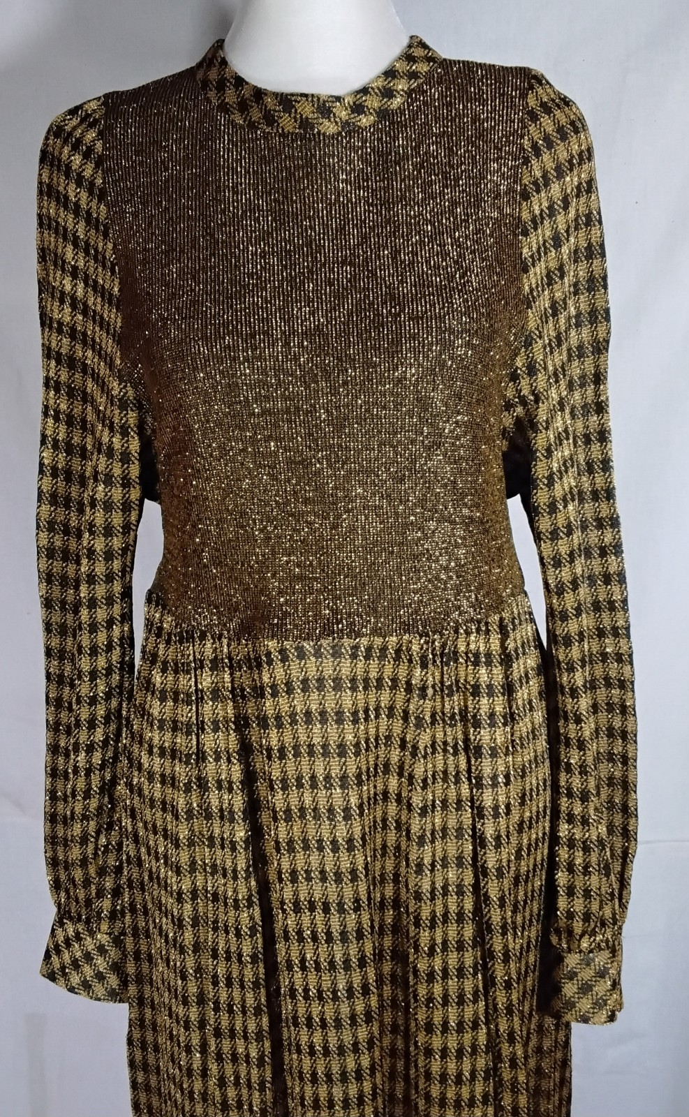 Vtg 60s 70s Tannel Knits Gold & Black Maxi Dress Long Sleeves Sz 12 USA