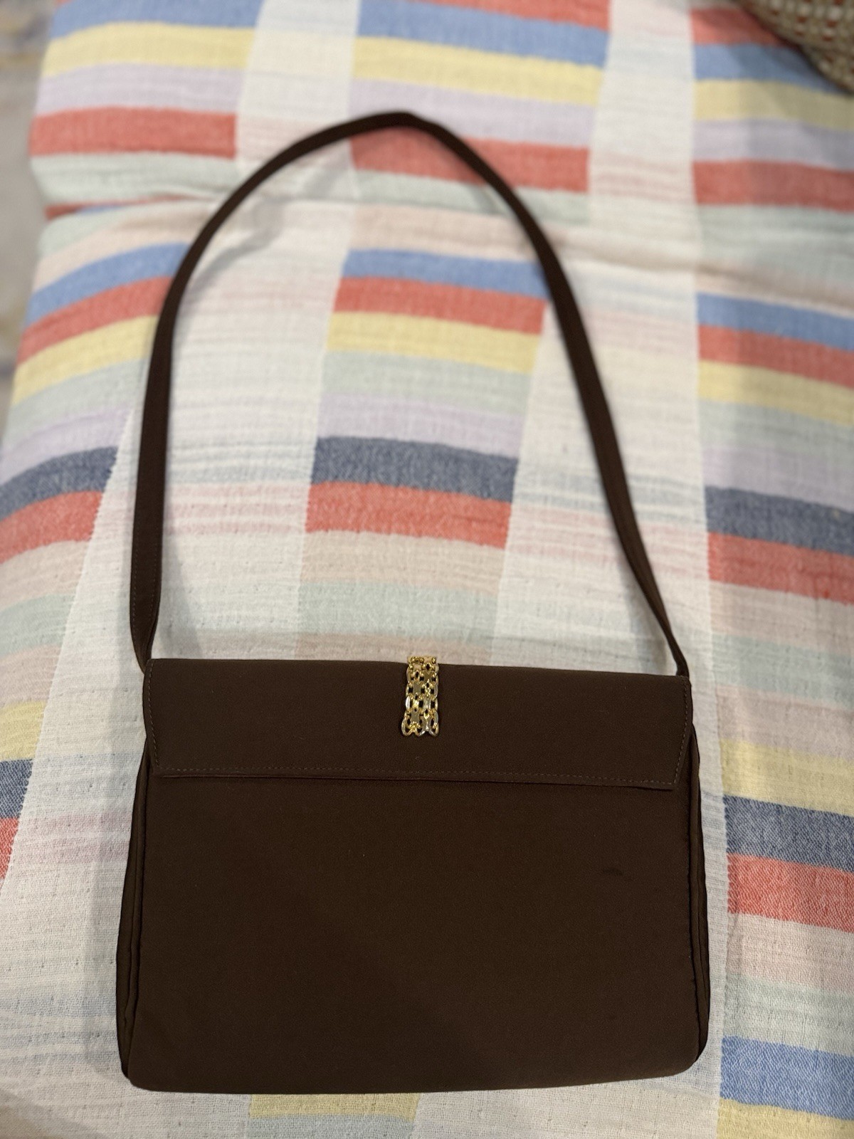 VTG Saks Fifth Avenue Brown Satin Evening Shoulder Bag Gold Chain Clasp Purse