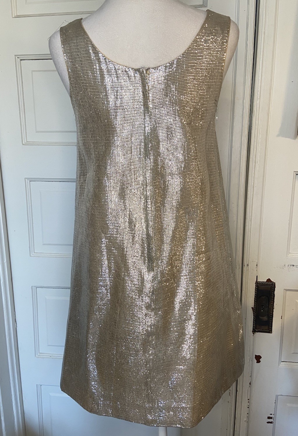 Vintage 60s Space Age Tinsel Foil Mini Dress Marigold Yellow Lining Mod GoGo S