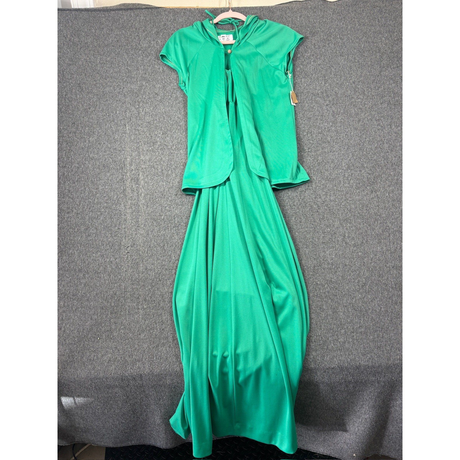 Vintage 70s Emerald Green Hooded Shrug and Maxi Dress Set Size 9 Disco Retro