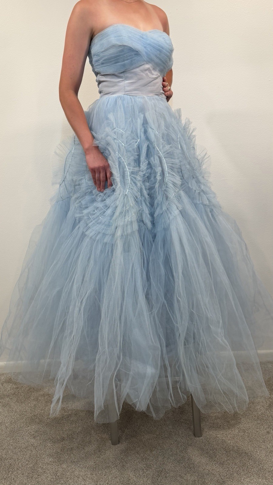 Vintage 50s Dress Gown Cupcake Formal Ruffle Tiered Tulle Prom Princess Blue