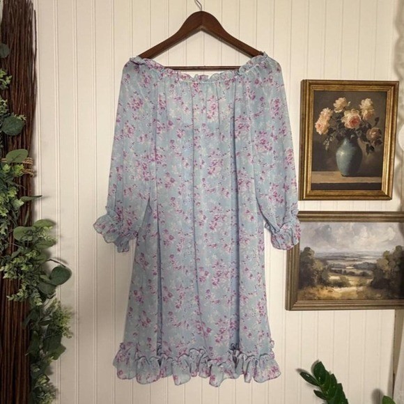 Avenue Floral Peasant Mini Dress 18/20 Blue Cottagecore Boho Plus