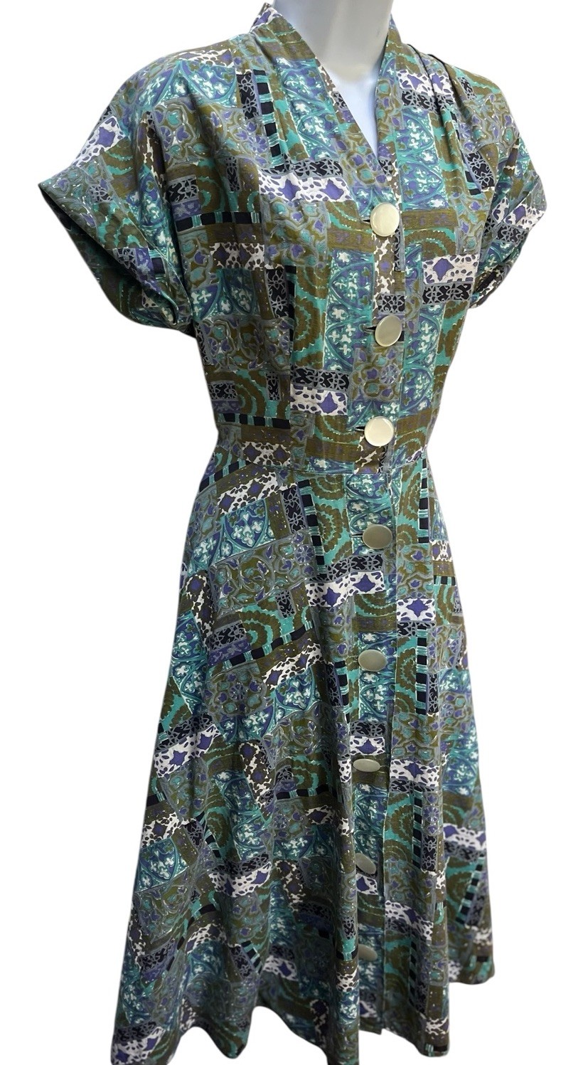 Vtg 50s Penny’s Brentwood Mod Novelty Print Day Dress S Cotton Rockabilly A-Line
