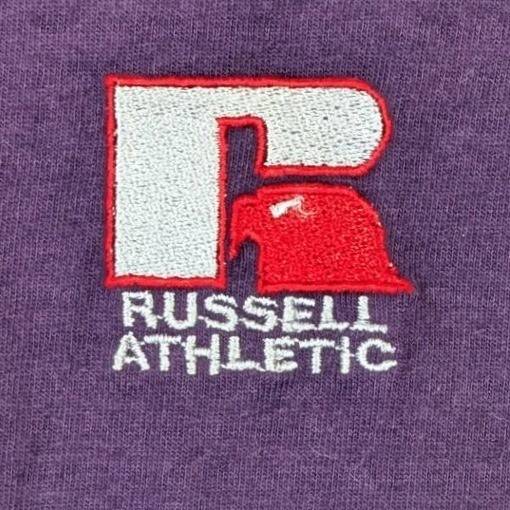 Vintage Russell Athletic Purple Cotton T-Shirt Mens Large Made in USA Logo Tee