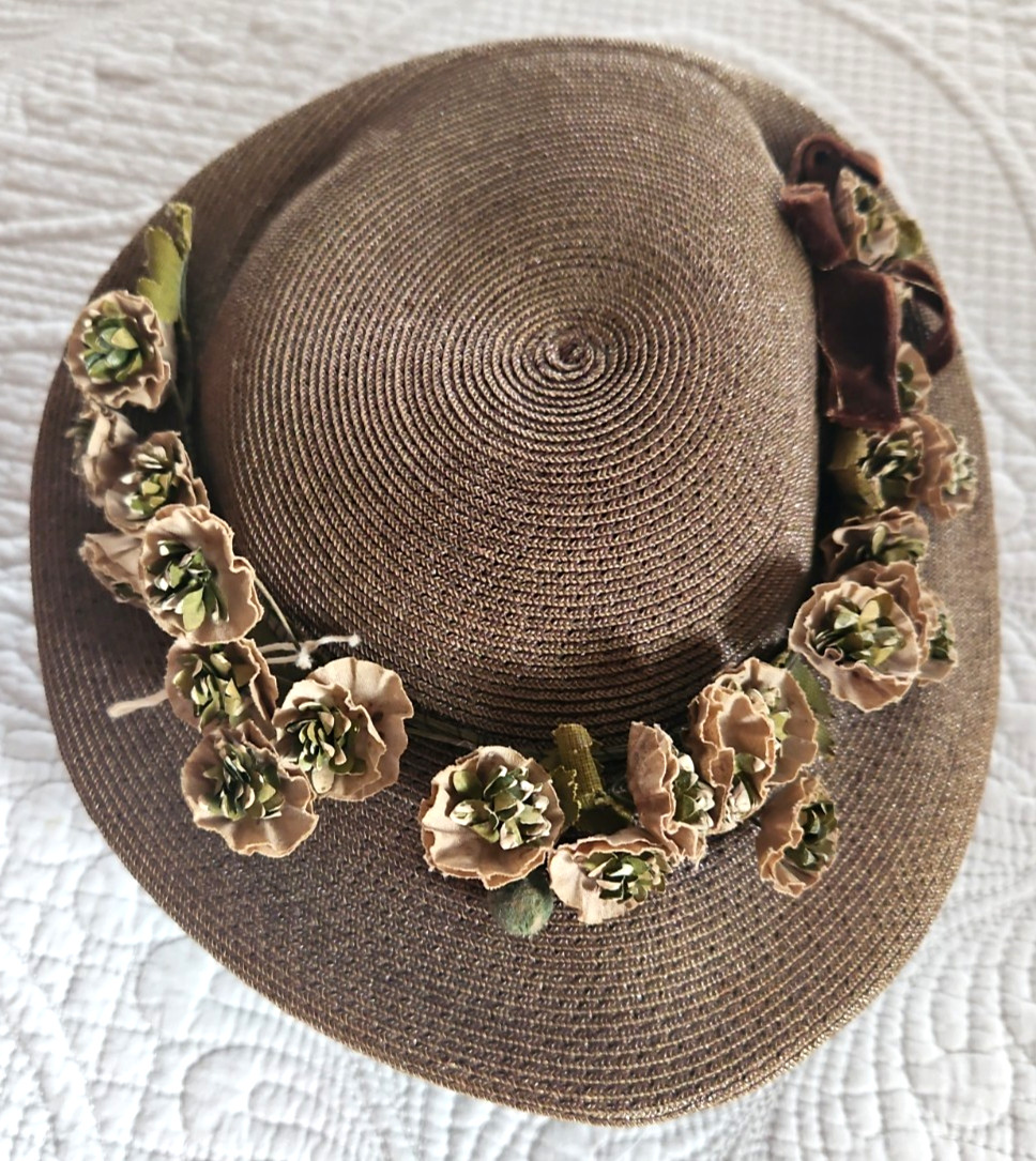 Vintage Brown Straw Church Hat Tan Flowers Decorative Trim Fascinator Supports