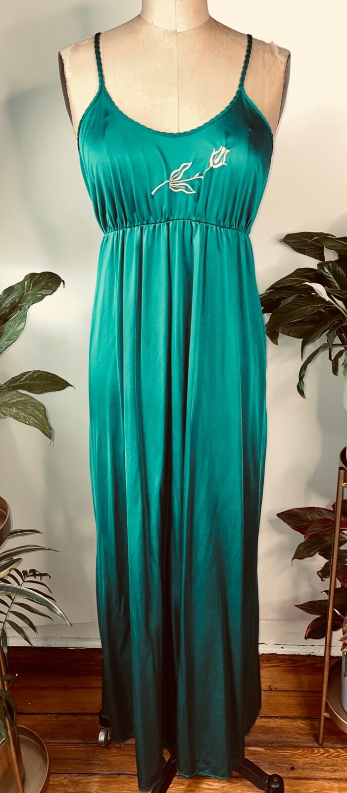 VTG 70’S FRENCH MAID*GREEN NYLON&WHT FLORAL EMPIRE WAIST NIGHTGOWN&PEIGNOIR*M/L