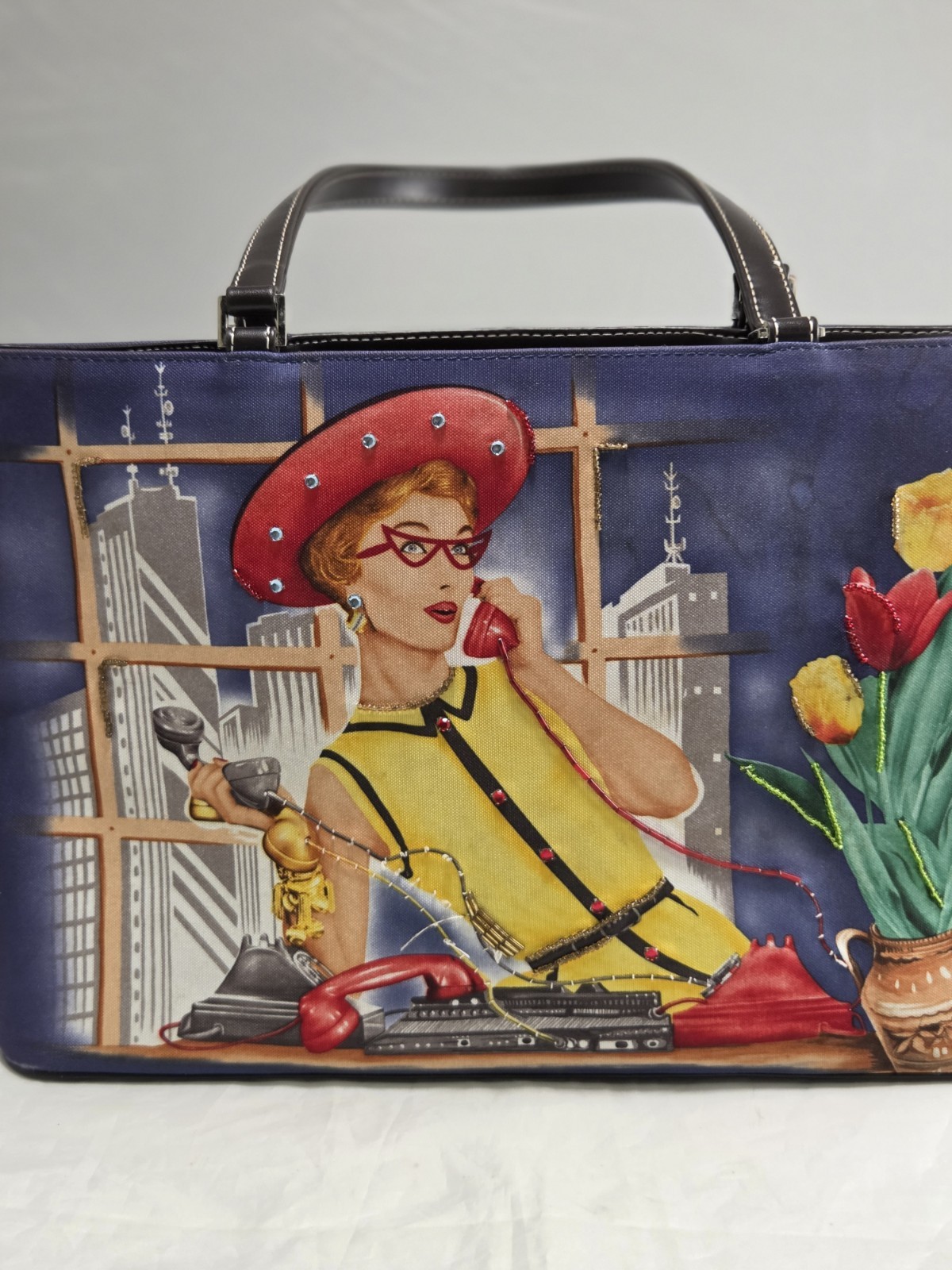 Vintage,1950s Retro Style,canvas Leather Handbag, 2 Sided, Front With Rinestone