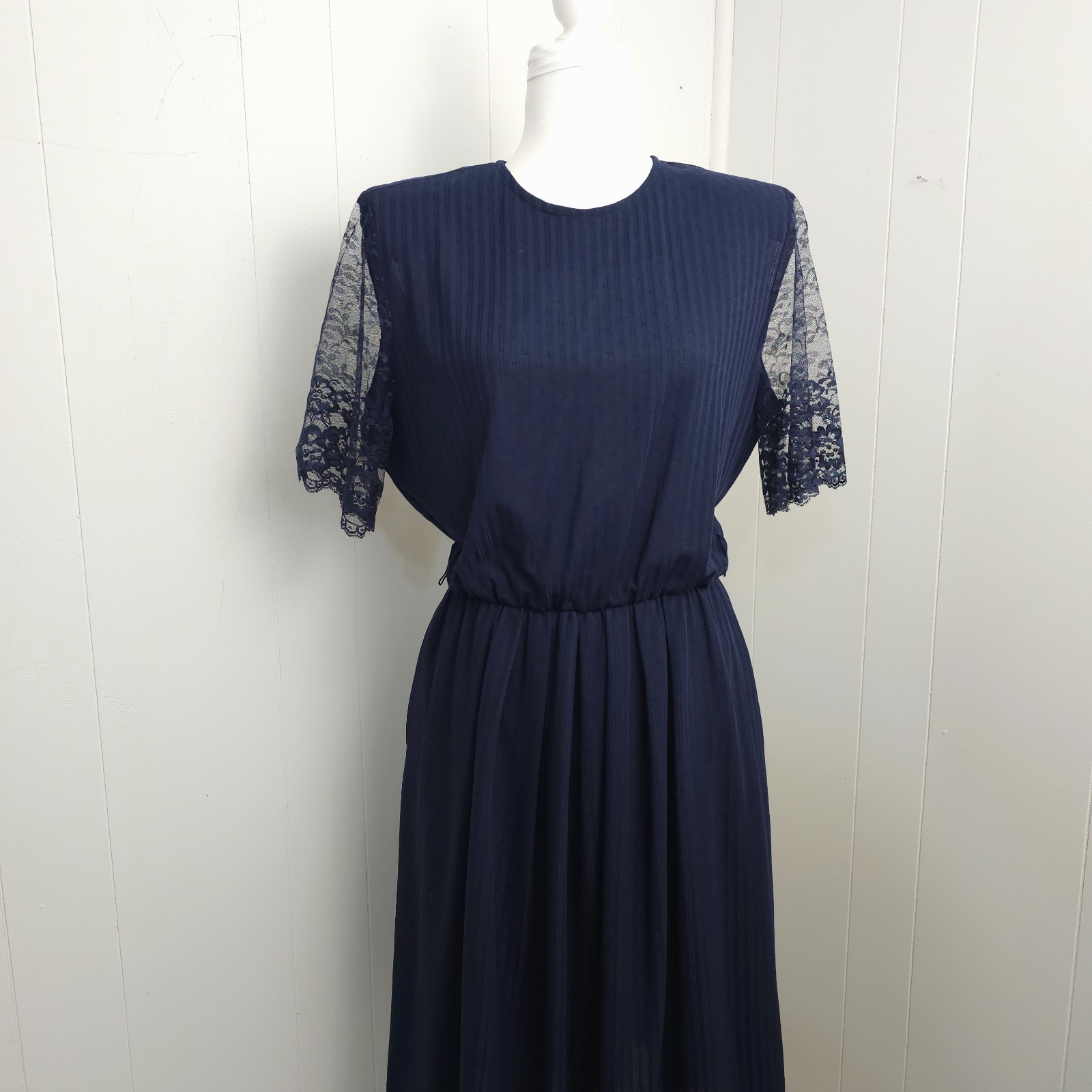 Vtg 1970s 80s Navy Sheer Lace Sleeve Dress Midi Secretary Geek USA Stripe Calif