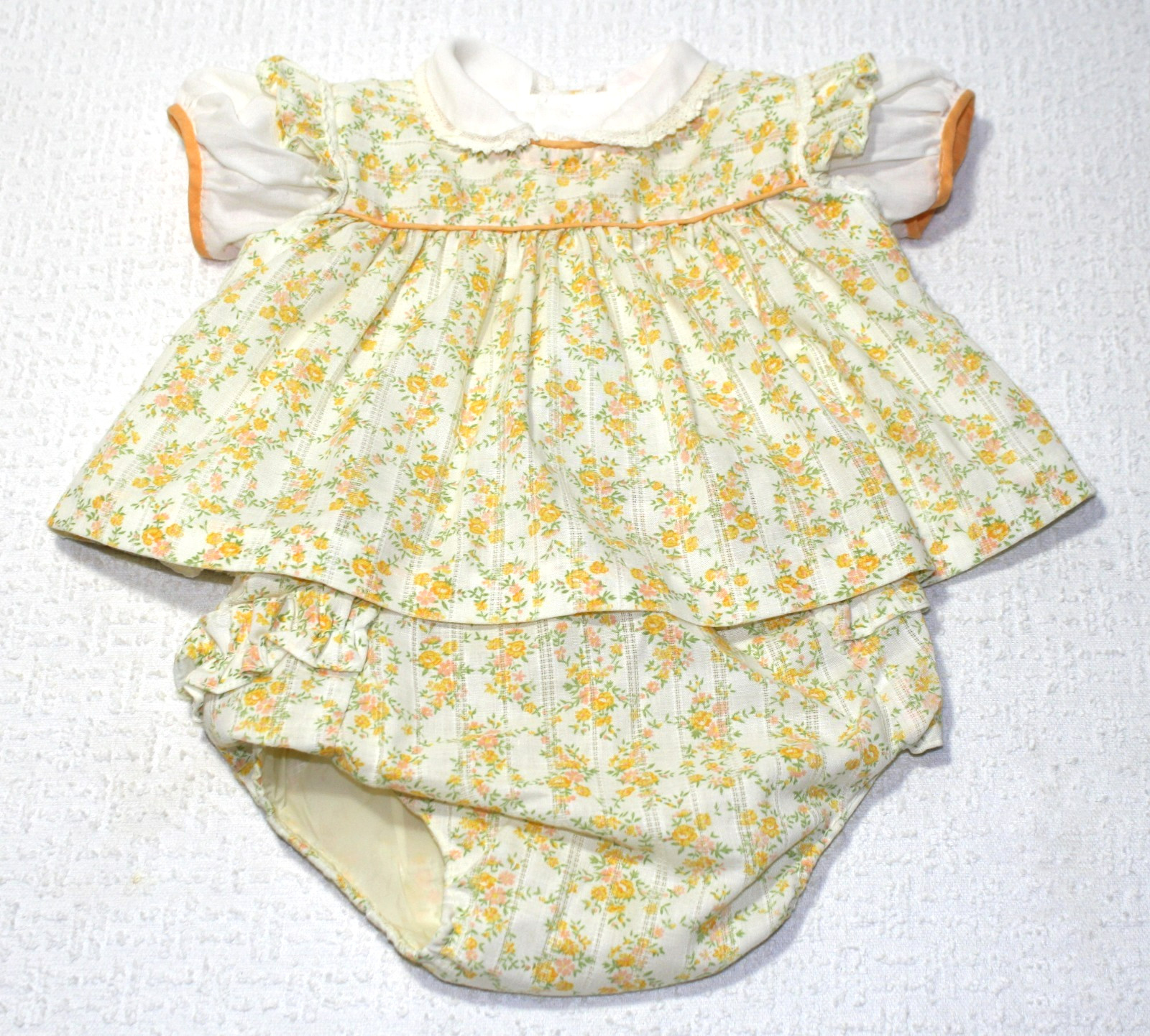 Vintage 1960s 1970s Baby Dress Shirt Bloomers 3-Piece Set Yellow Orange Flowers