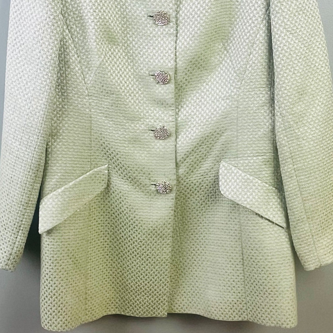 VTG Saks Fifth Avenue Rickie Freeman Pale Sage Metallic Brocade Suit Size 10 USA