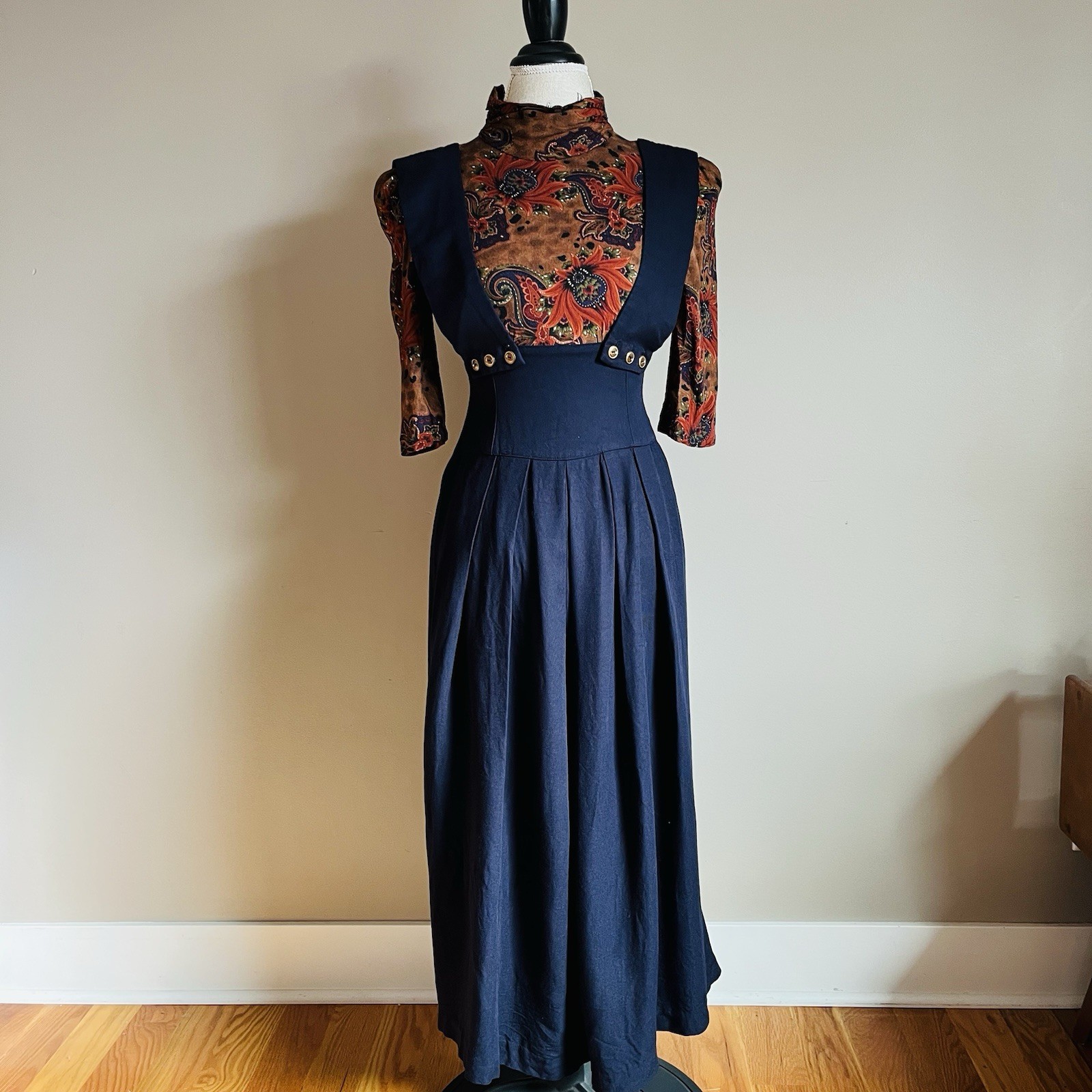 Vintage Paisley Mock Top Navy Jumper Dress Size 4 Boho Retro Academia Union Made